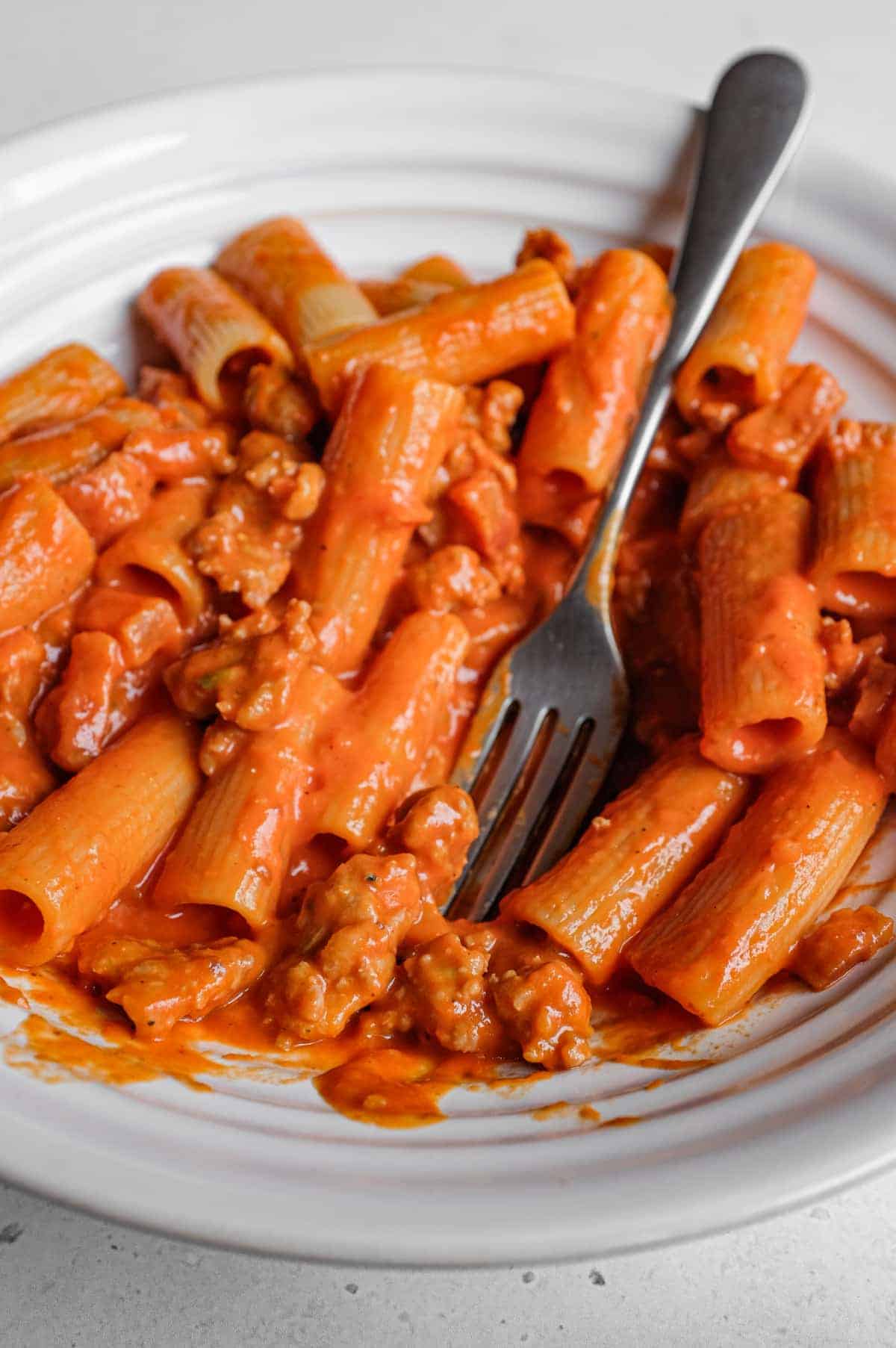 Pasta Alla Zozzona – cookeatworld.com A bowl of Pasta Alla Zozzona in a rich tomato sauce with a fork.