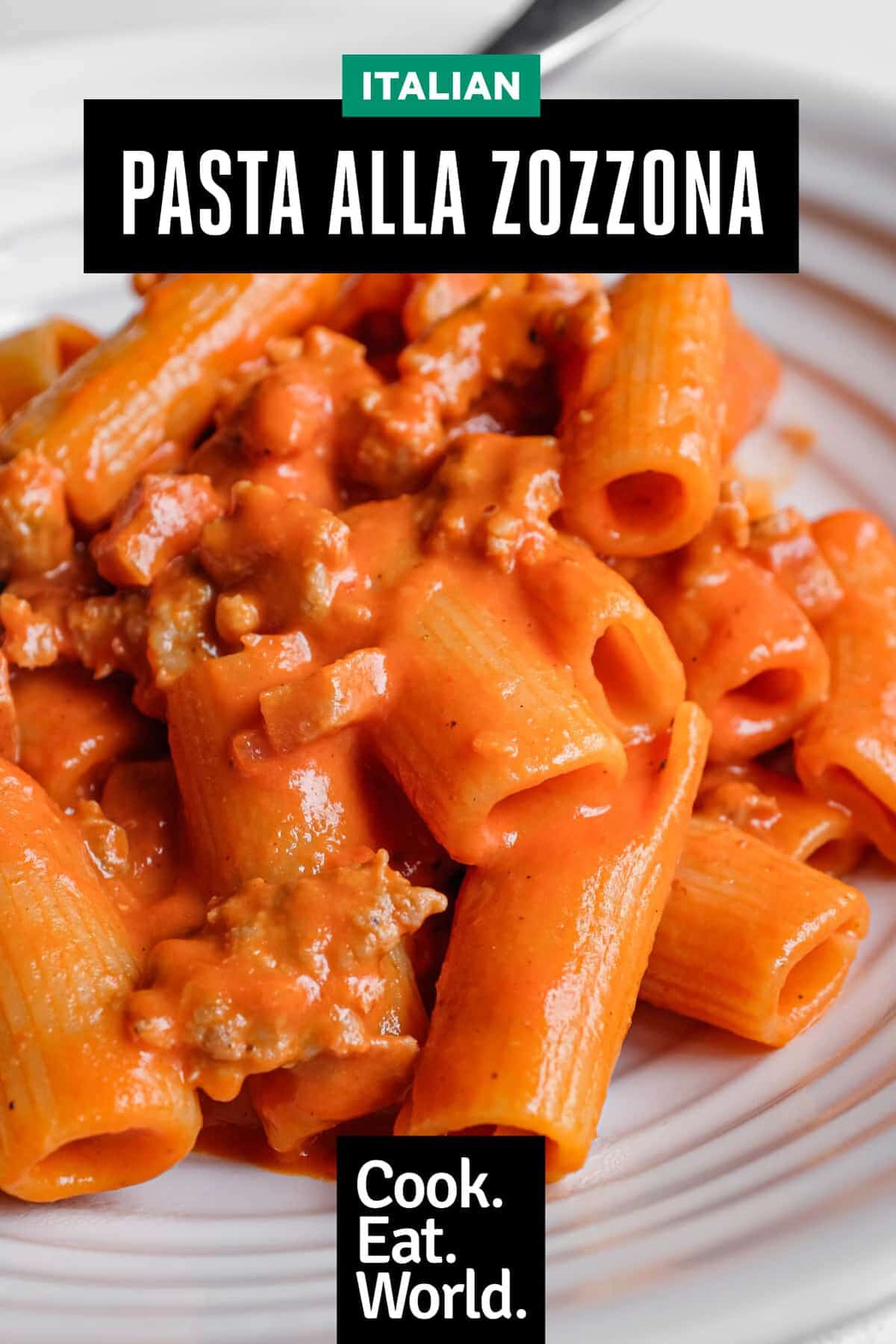 A bowl of Pasta Alla Zozzona in a rich tomato sauce.
