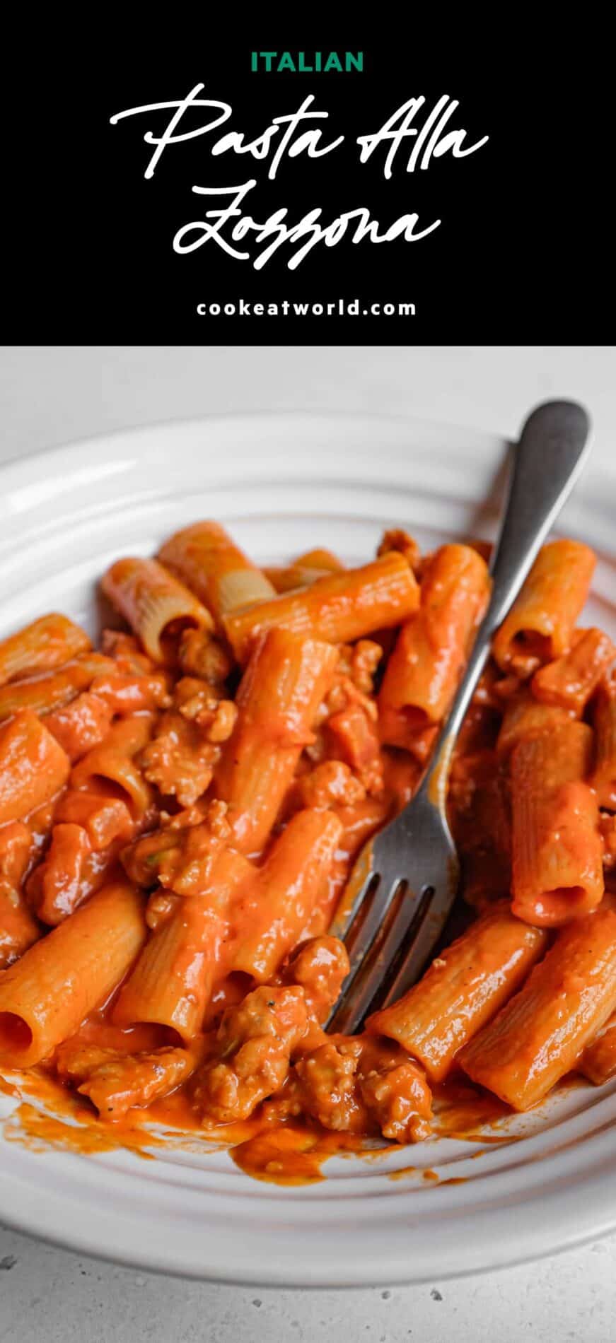 A bowl of Pasta Alla Zozzona in a rich tomato sauce with a fork.