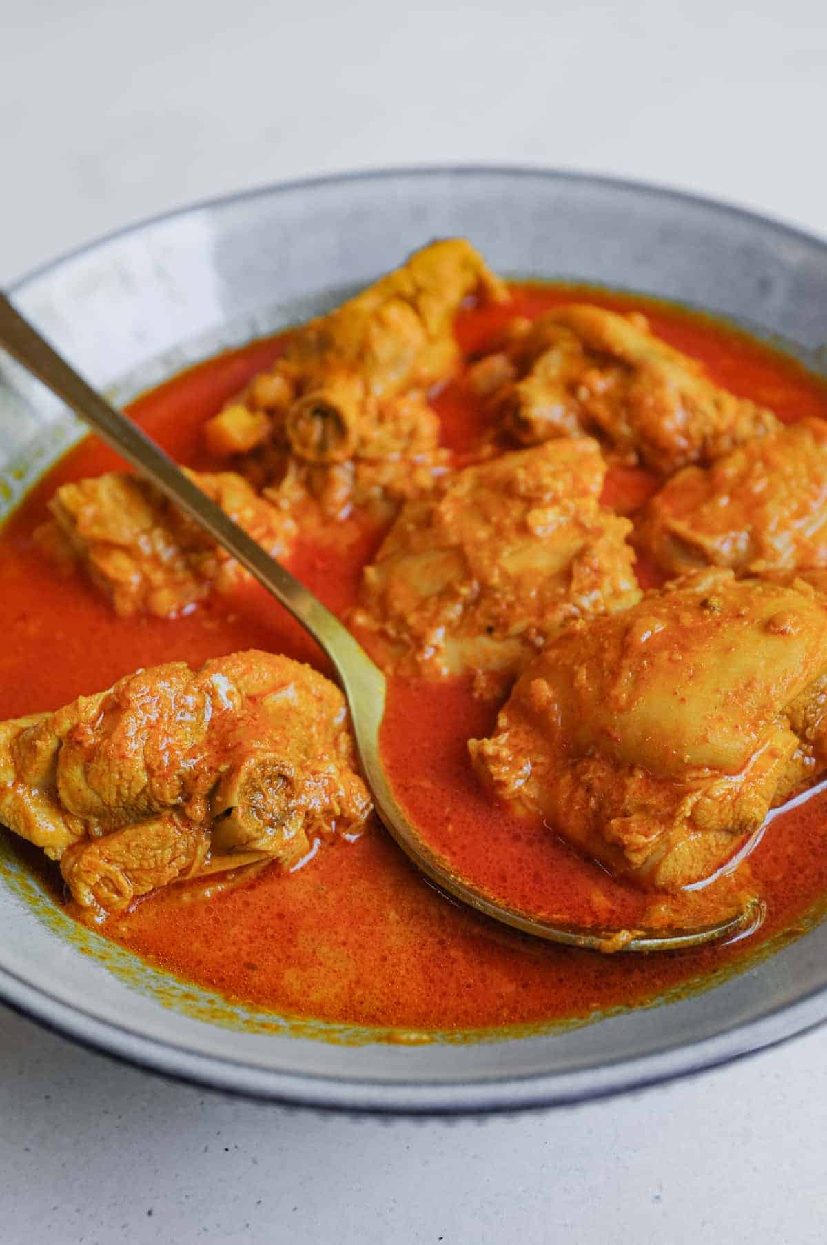 a side view of a bowl of Kashmiri chicken rogan josh. Vibrant red with small pieces of bone-in chicken and a serving spoon.