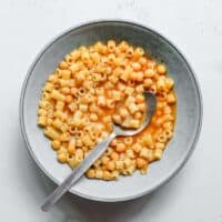 a bowl of Italian pasta e ceci taken from above