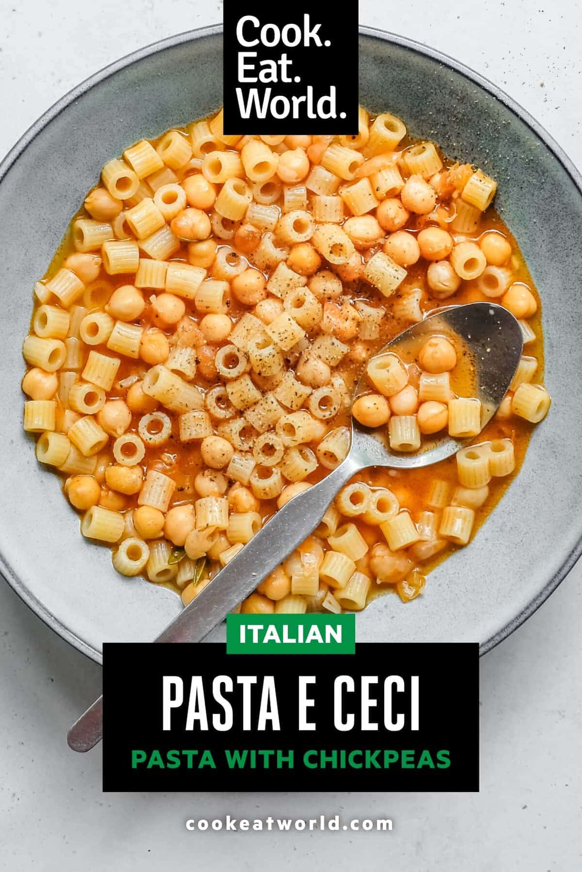 An overhead view of a bowl of pasta e ceci