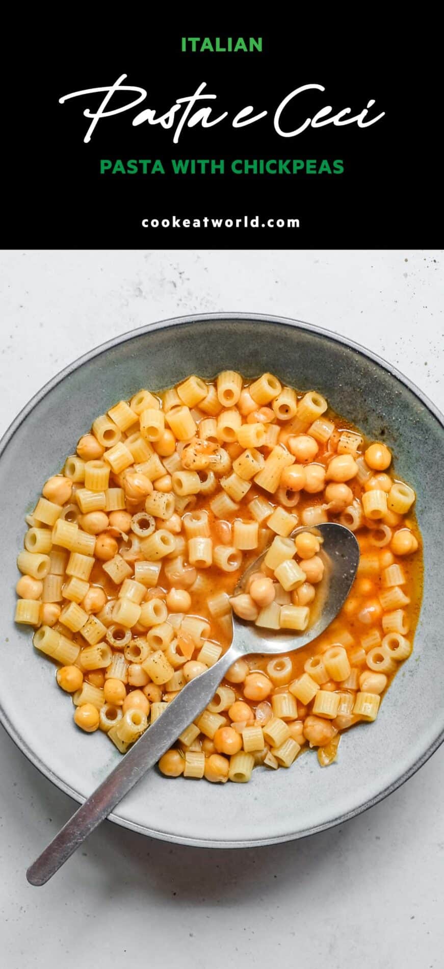 a bowl of Italian pasta e ceci with a spoon.