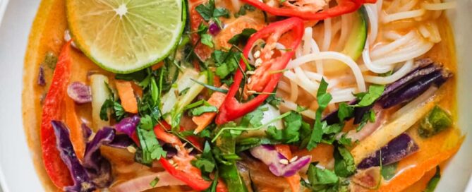 An overhead view of a bowl of Thai red curry noodles with fresh vegetables.