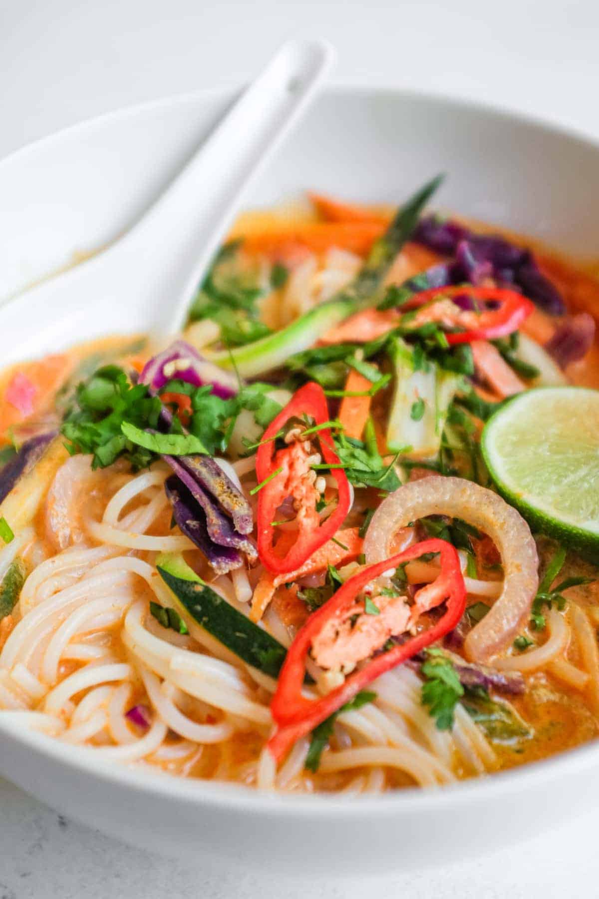 A close up view of a bowl of Thai red curry noodles with fresh vegetables.
