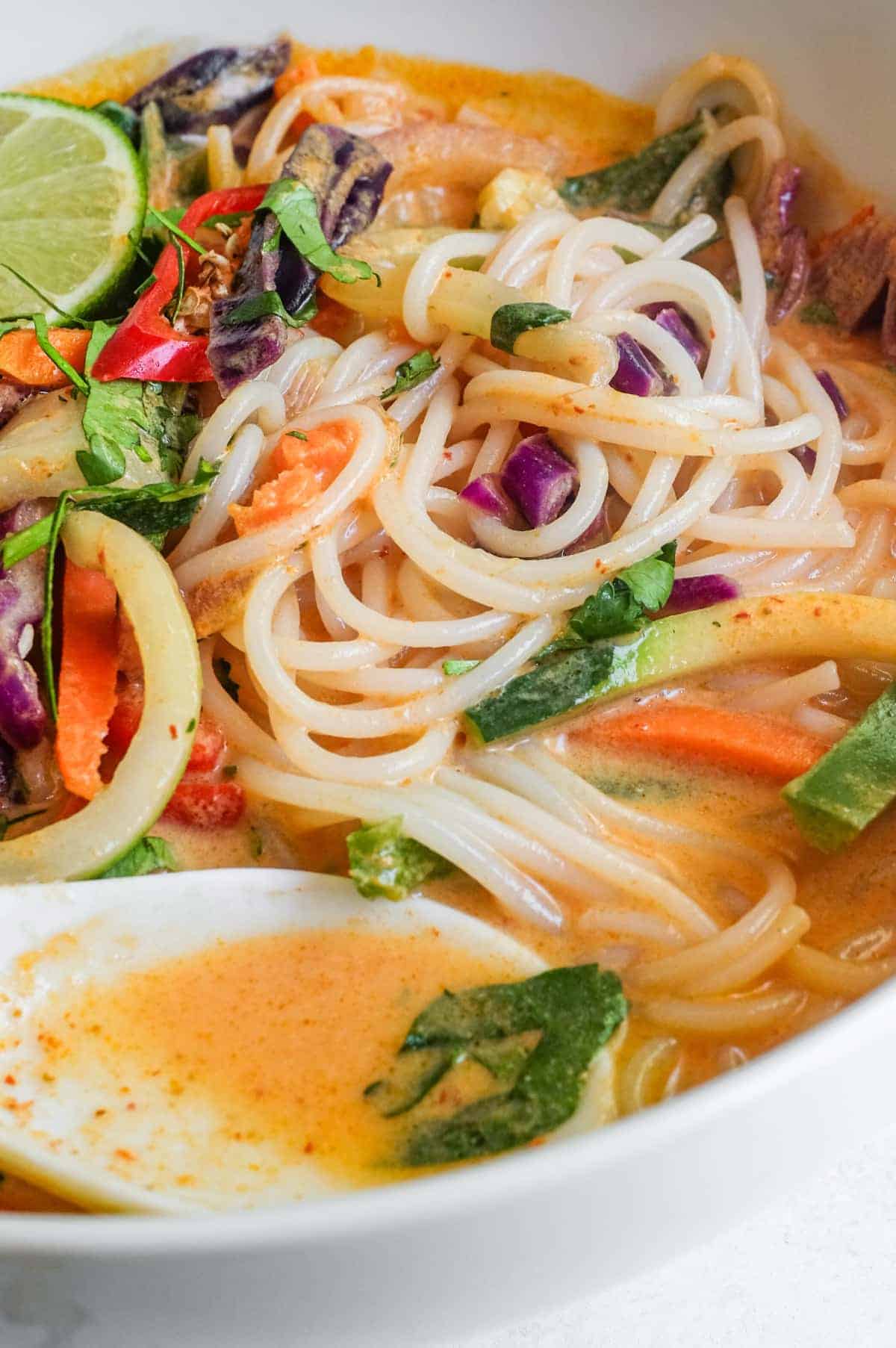 A close up view of a bowl of Thai red curry noodles with fresh vegetables.