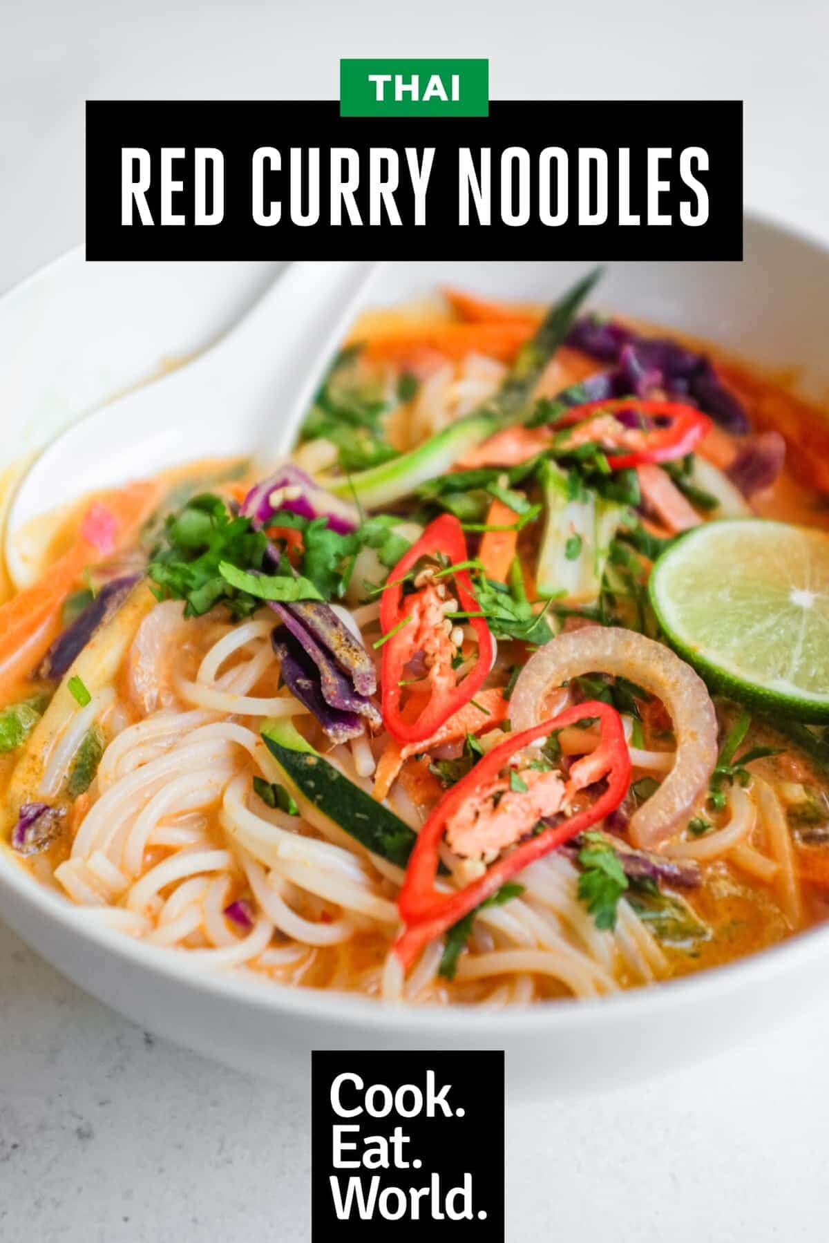 A close up view of a bowl of Thai red curry noodles with fresh vegetables.