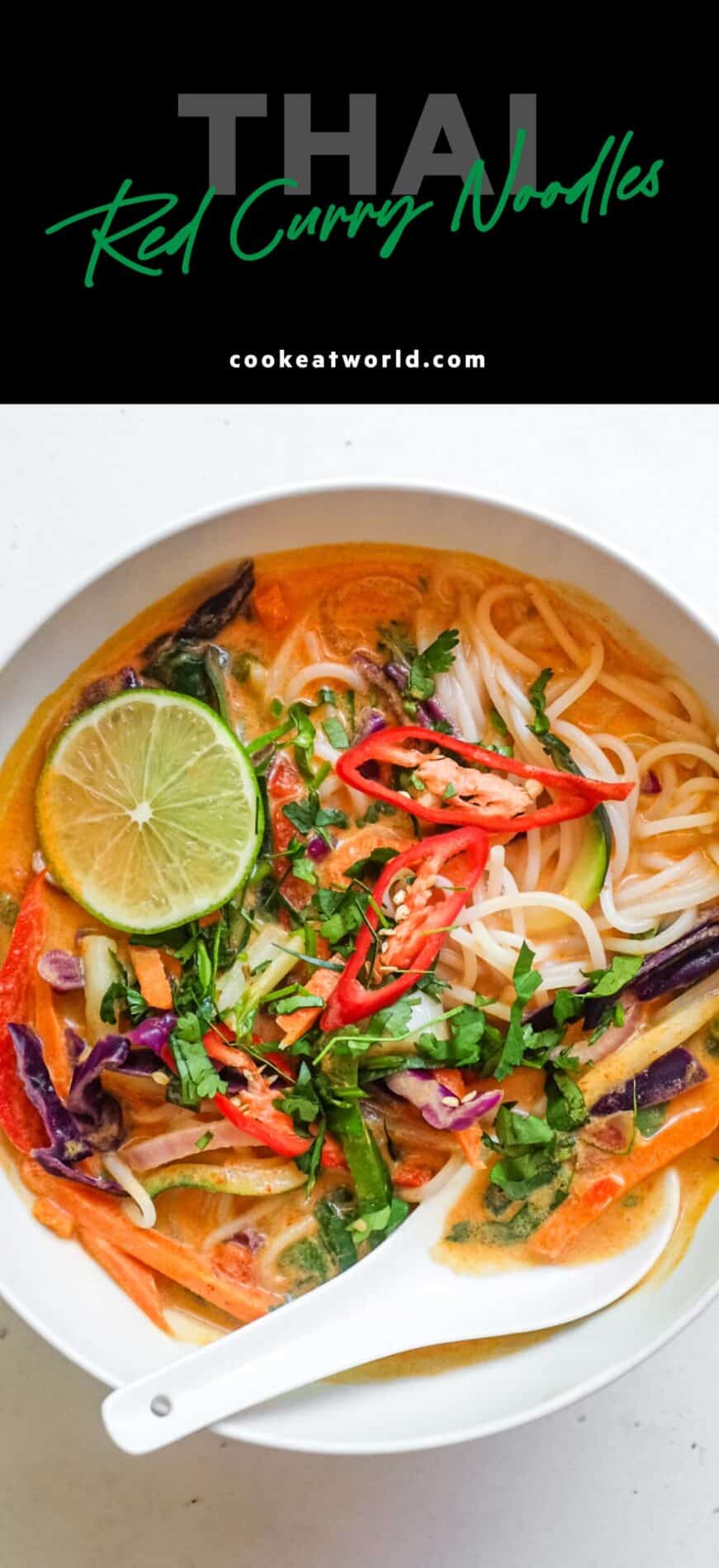 An overhead view of a bowl of Thai red curry noodles with fresh vegetables.
