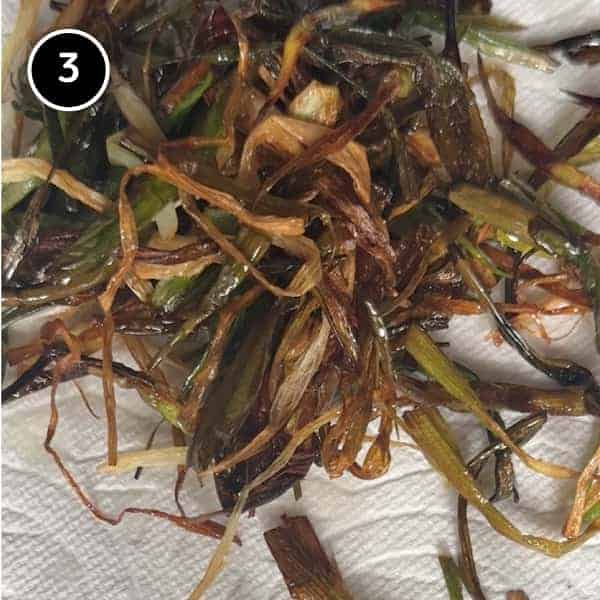 Scallion Oil Noodles (Long You Ban Mian) | cookeatworld.com Crisp spring onions on paper towels