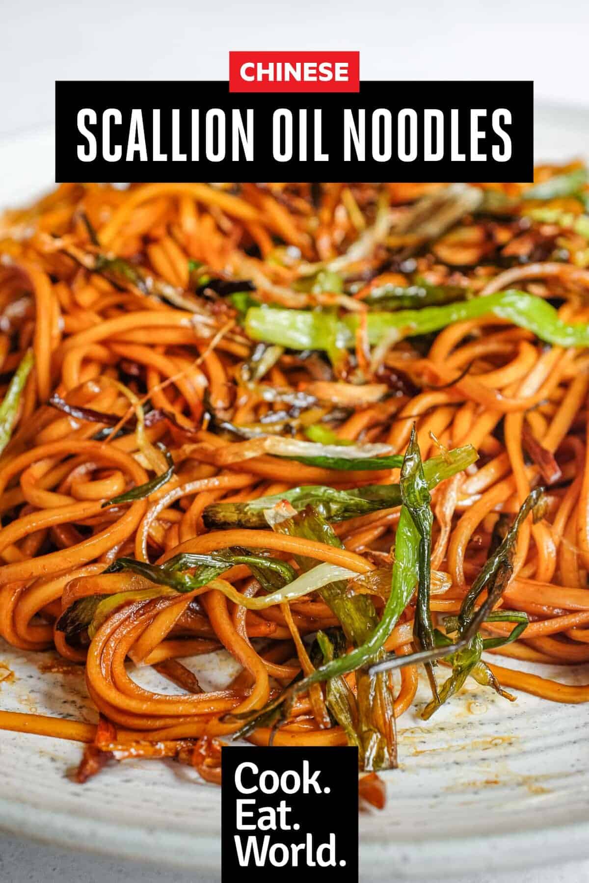 A close up shot of a platter of Chinese Scallion Oil Noodles.