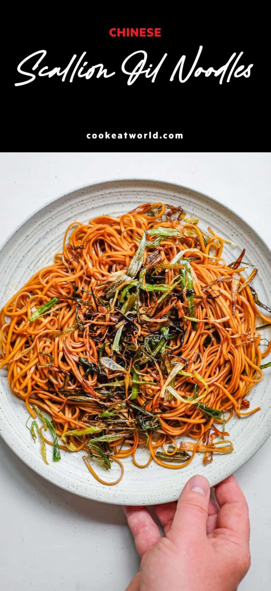 A plate of Scallion Oil Noodles from above