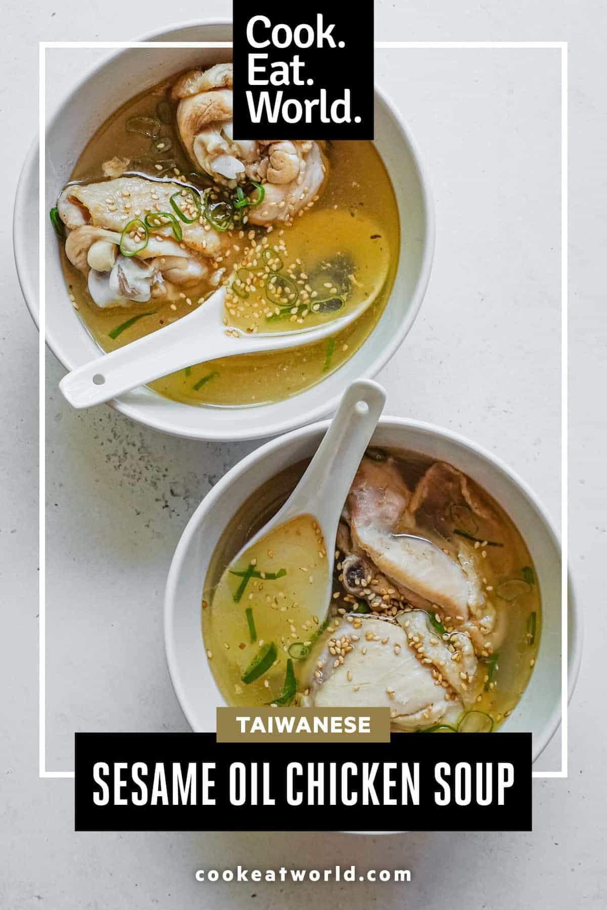 Two bowls of Taiwanese Sesame Oil Chicken Soup sit together on a white background.