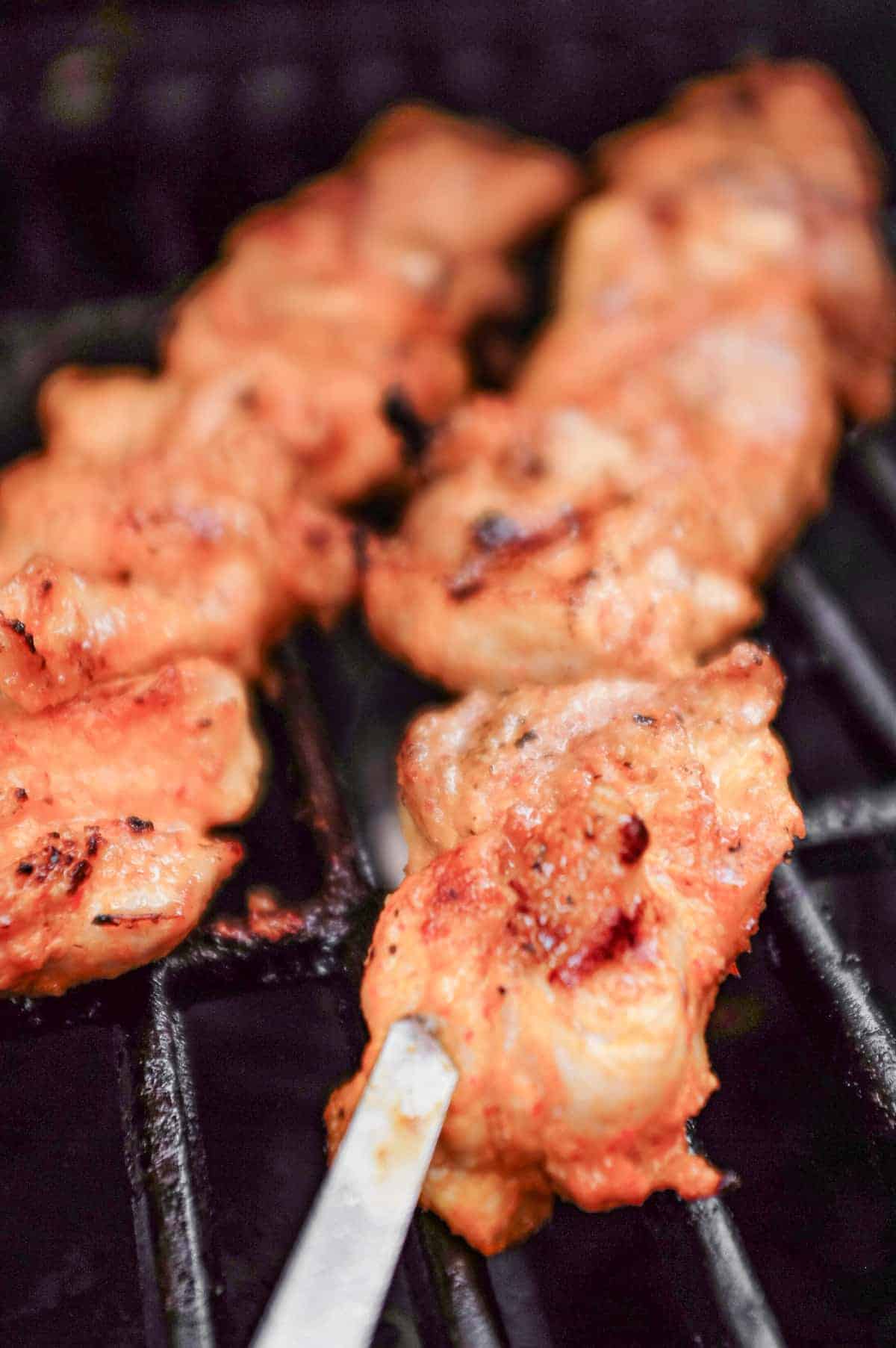 Chicken skewers cooking on a BBQ grill