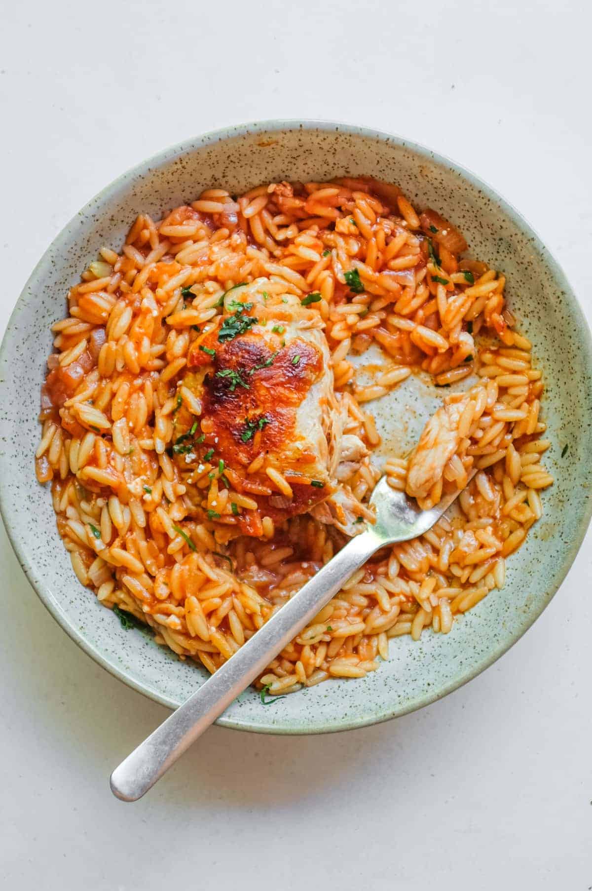 A small bowl taken from above of a bowl of Greek Youvetsi Chicken.