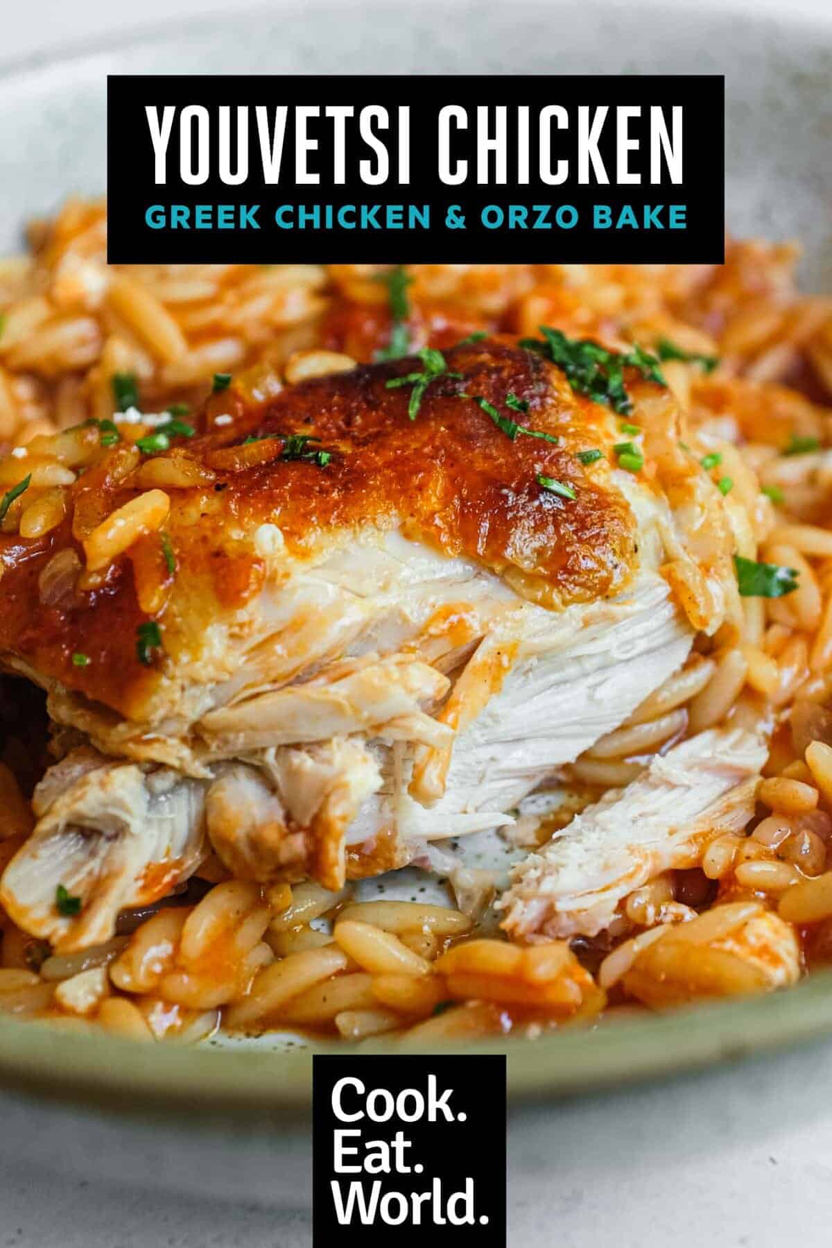 A close up of a plate of orzo and chicken, known as Youvetsi Chicken
