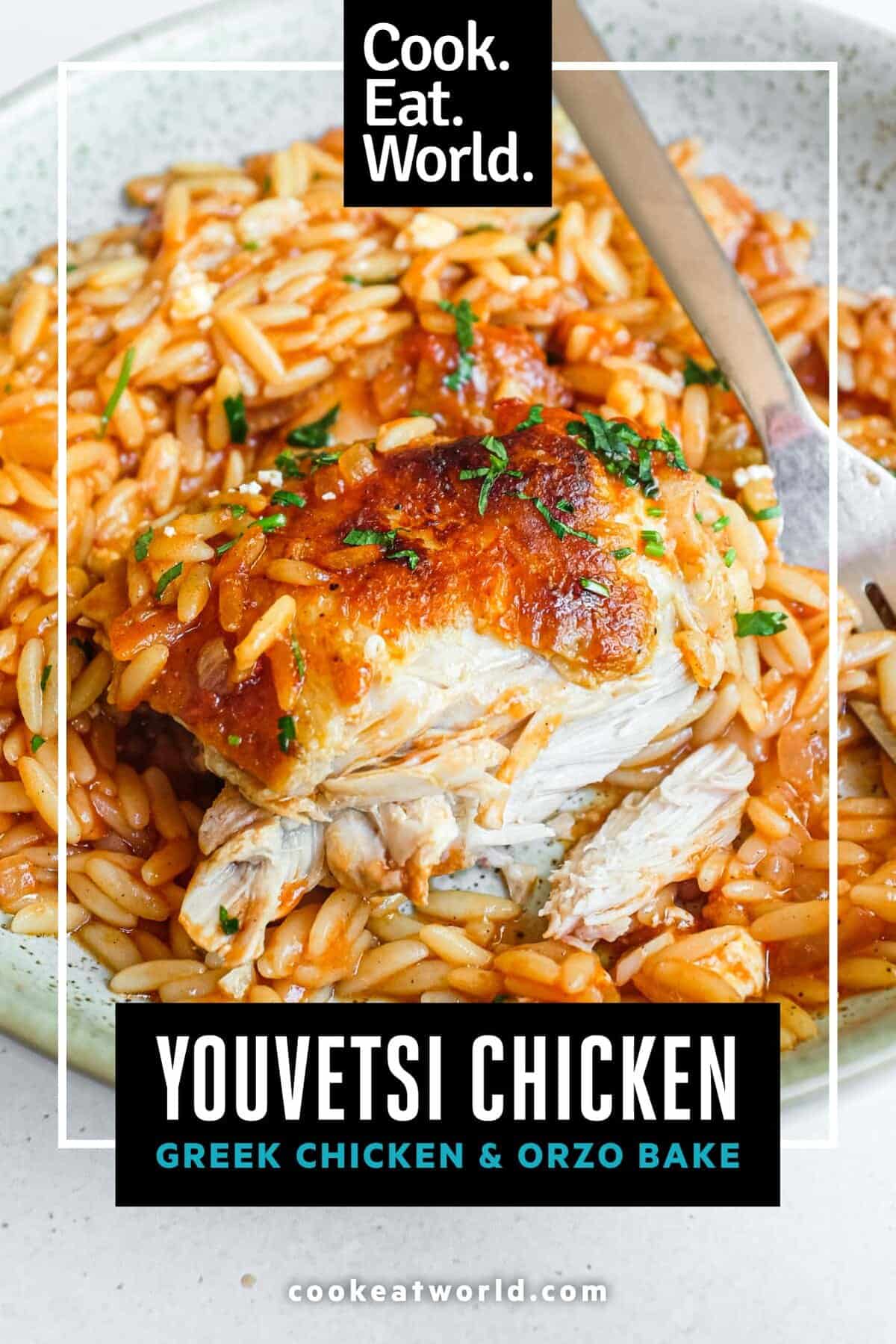 A close up of a chicken thigh surrounded by a rich, creamy orzo in tomato sauce.