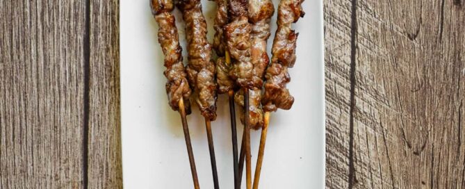 Traditional Abruzzese arrosticini cooked on a narrow grill