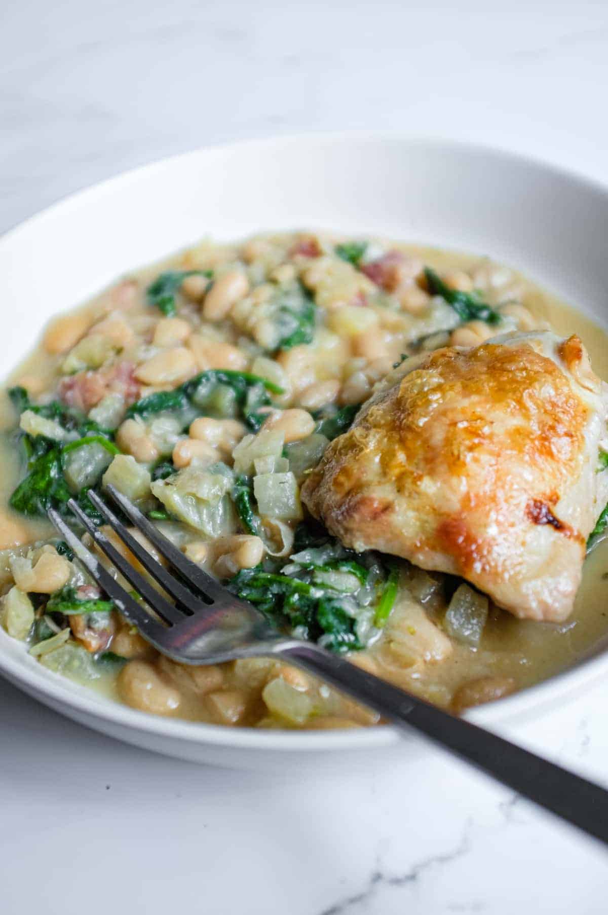Comforting Italian chicken and bean stew topped with a crisp-skinned chicken thigh.