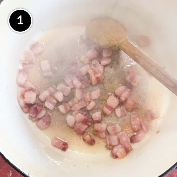 Italian Chicken Thighs with Cannellini Beans and Fennel | cookeatworld.com Pancetta fries in a large Dutch oven.