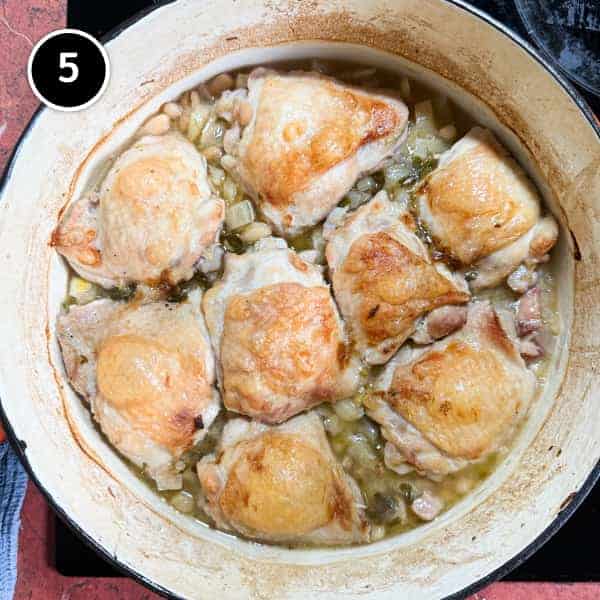 Italian Chicken Thighs with Cannellini Beans and Fennel | cookeatworld.com Roasted chicken thighs in a large pan on top of cannellini beans
