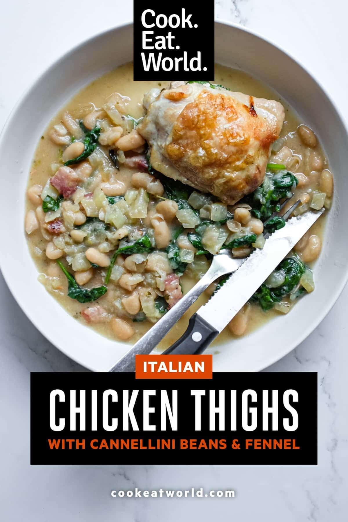 Italian chicken thigh served over soft cannellini beans in a rich, creamy one-pot sauce.