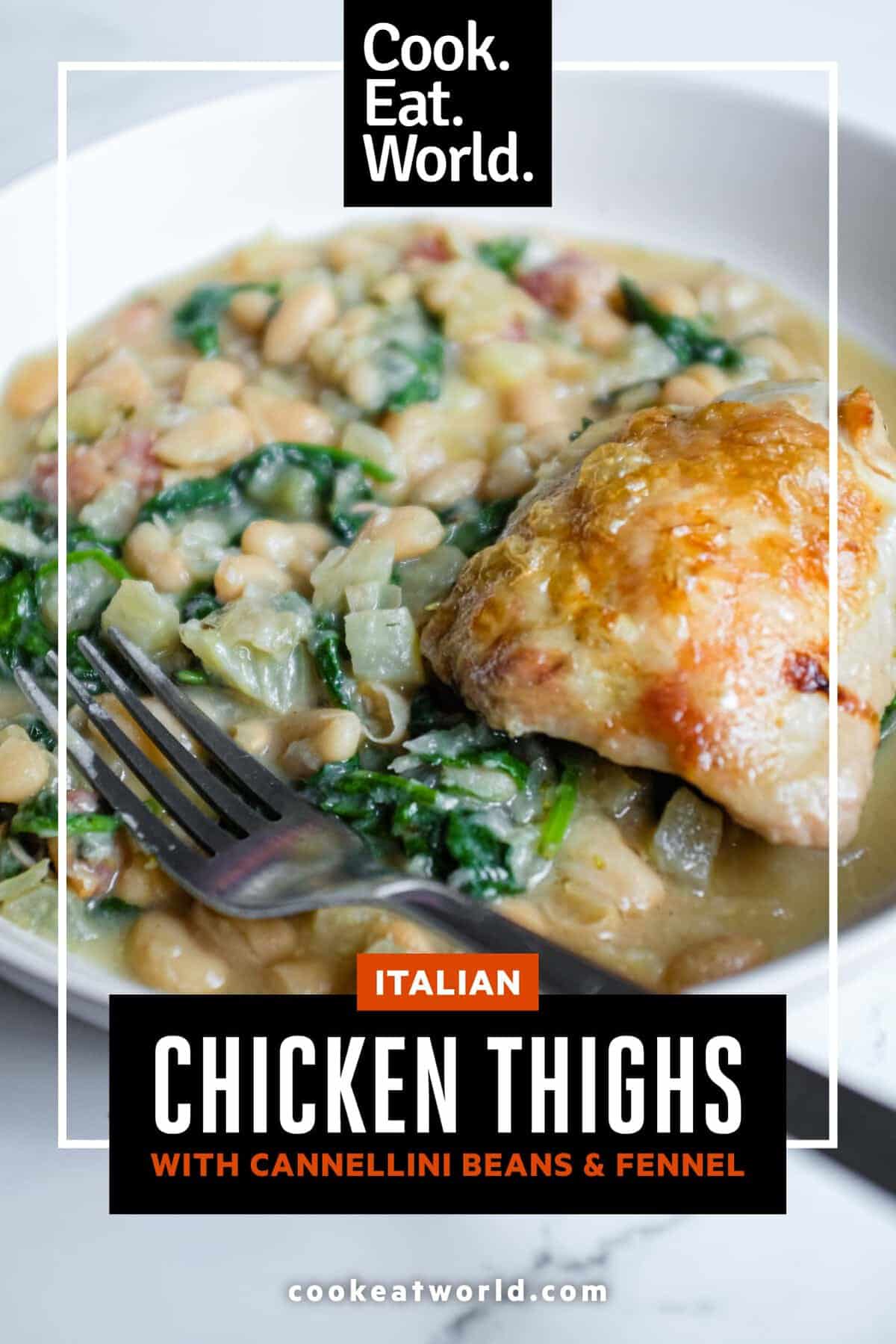 A bowl of creamy cannellini beans with fennel and pancetta topped with a golden roasted chicken thigh.