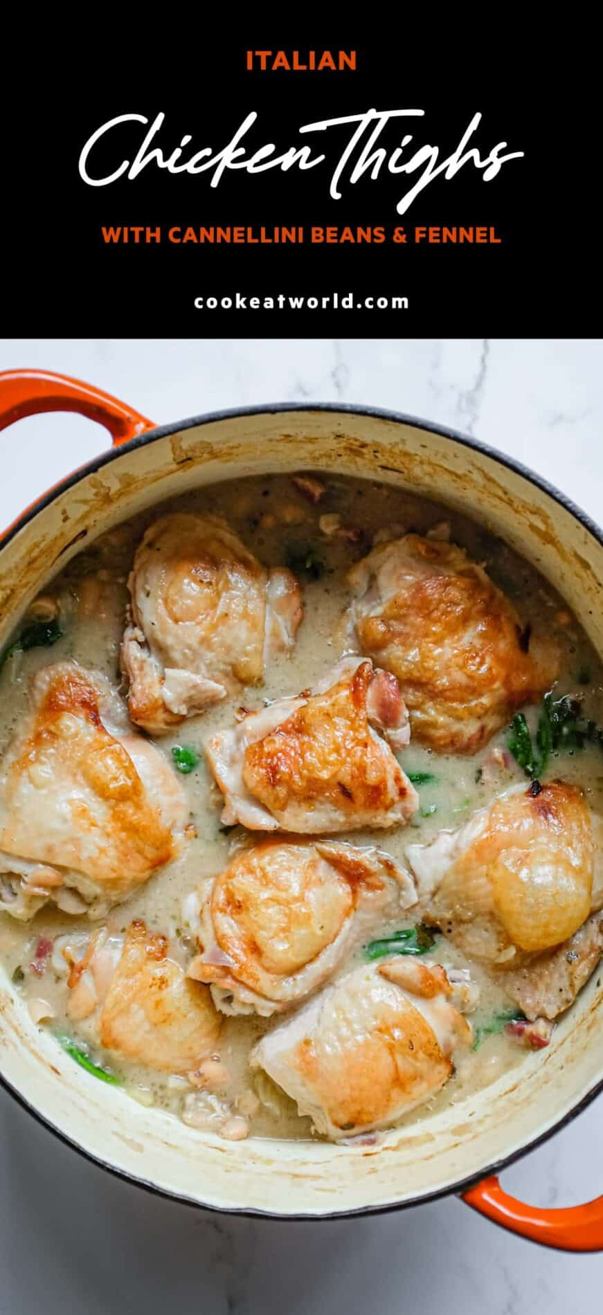 One-pot Italian chicken thigh sitting in a creamy cannellini bean and fennel base.