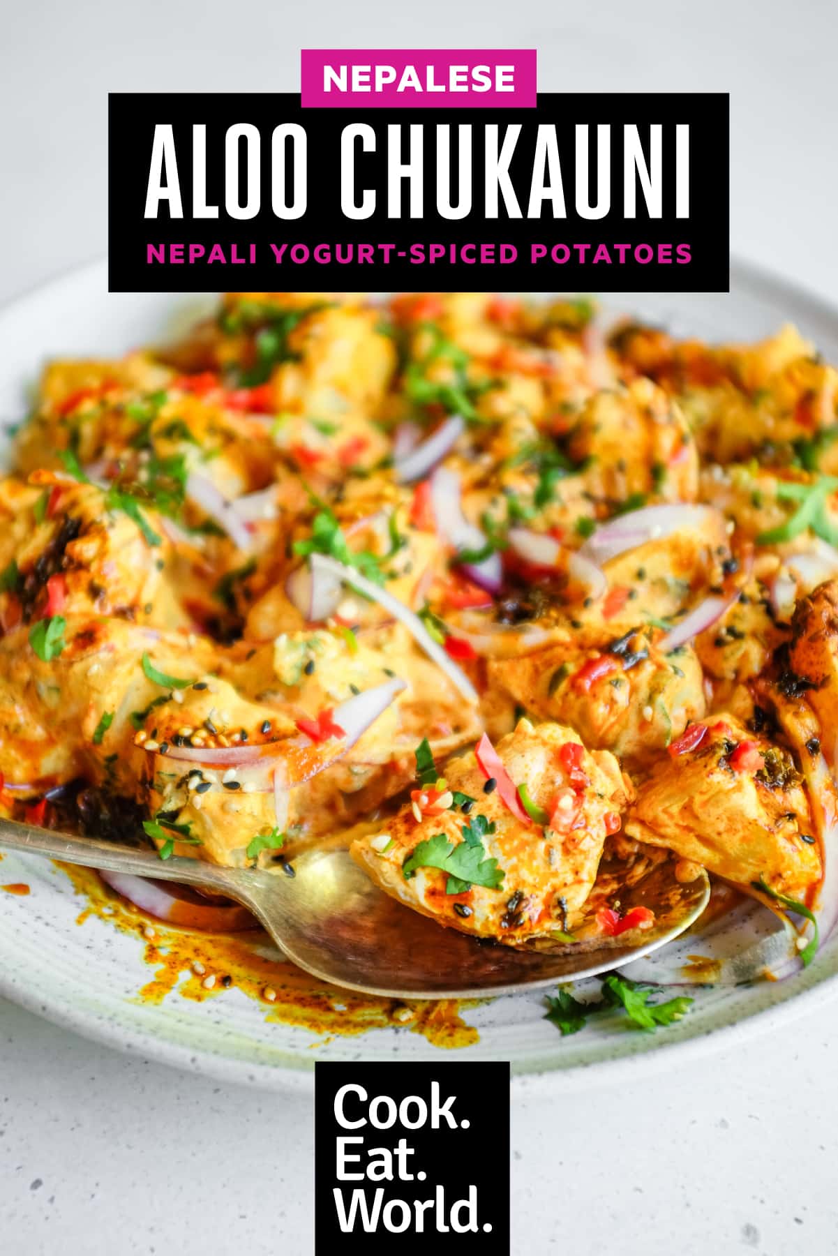 A platter of creamy Aloo Chukauni, a Nepali potato and yoghurt salad garnished with a vibrant spiced oil