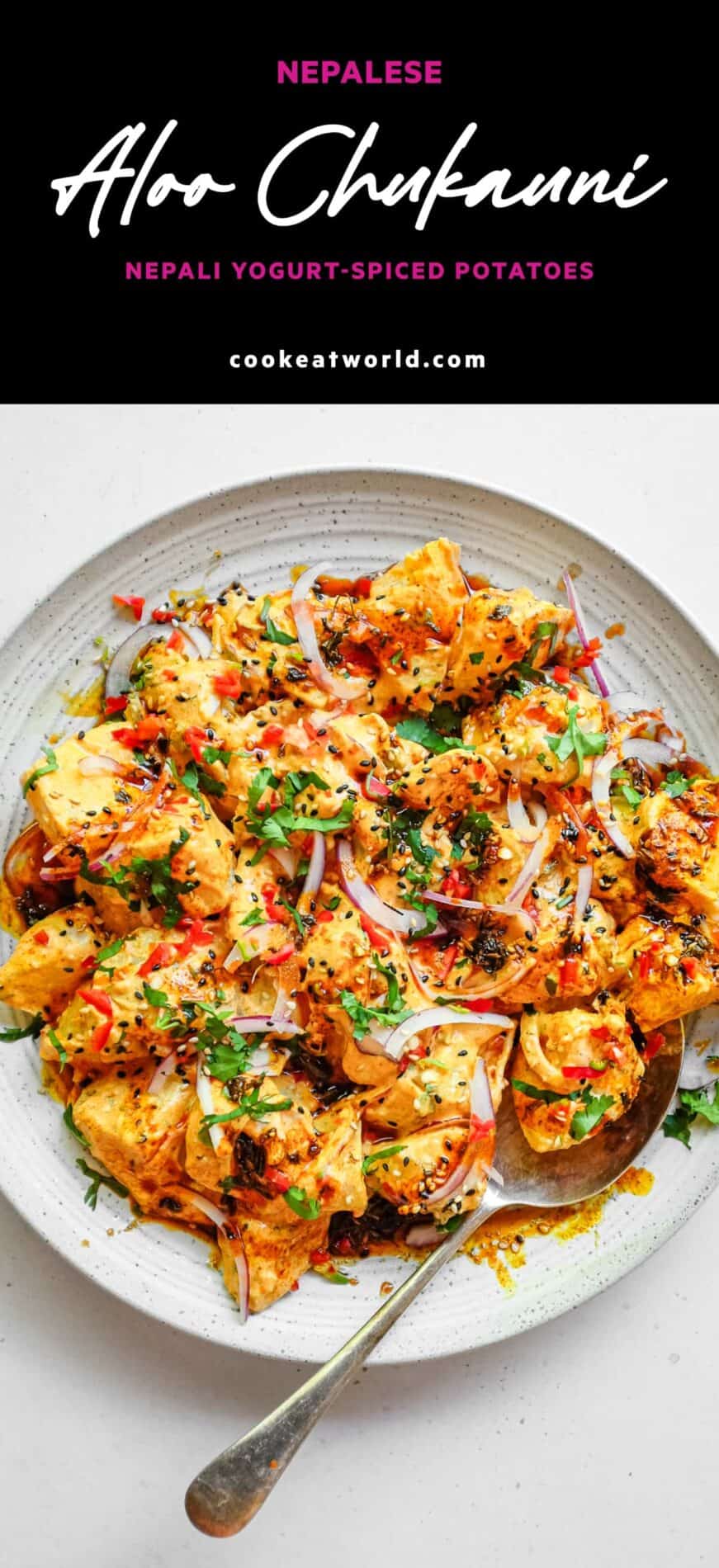 A platter of creamy Aloo Chukauni, a Nepali potato and yoghurt salad garnished with a vibrant spiced oil