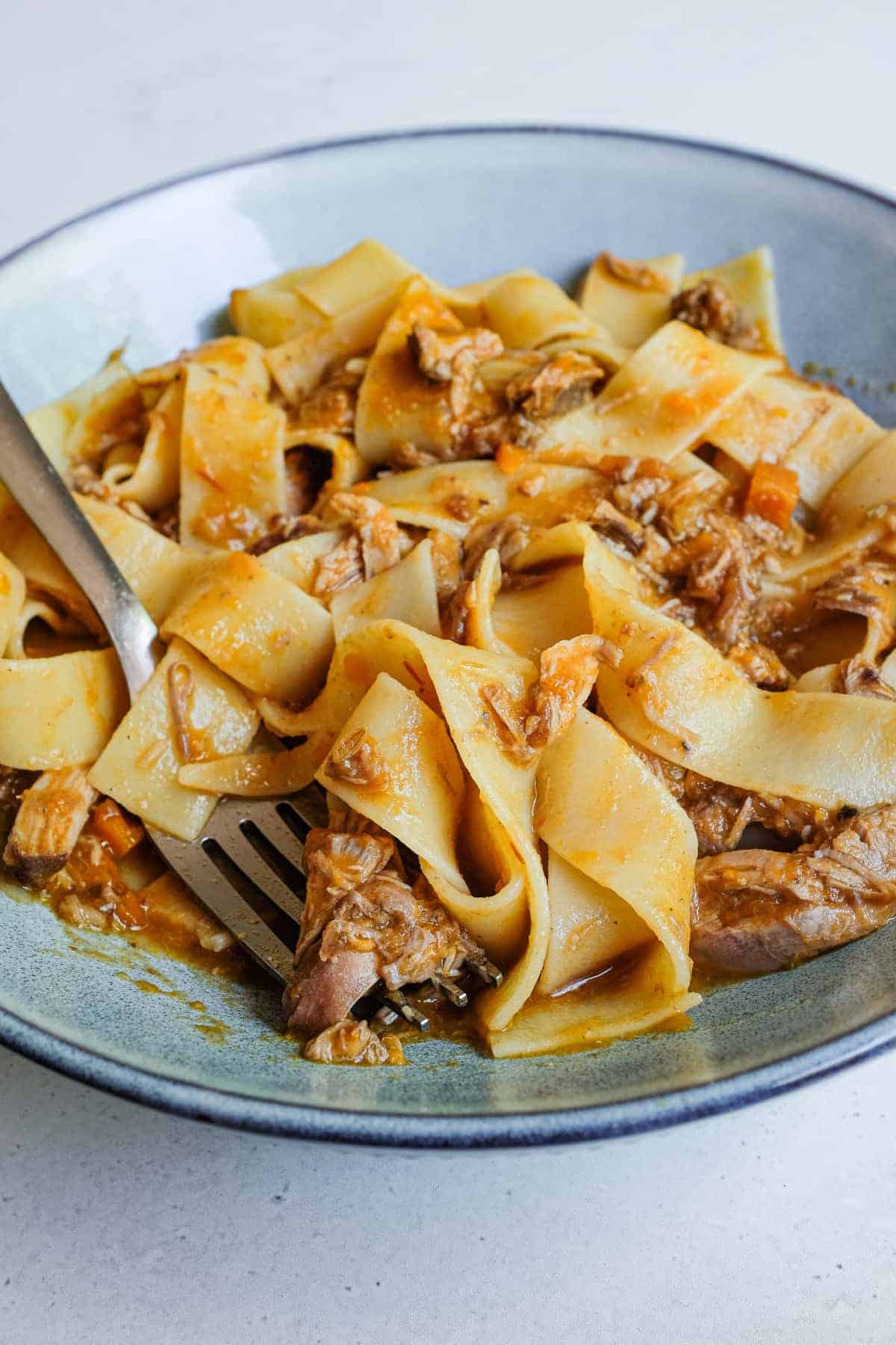 A delicious close up of a bowl of duck ragu, served with ribboned pappardelle pasta.