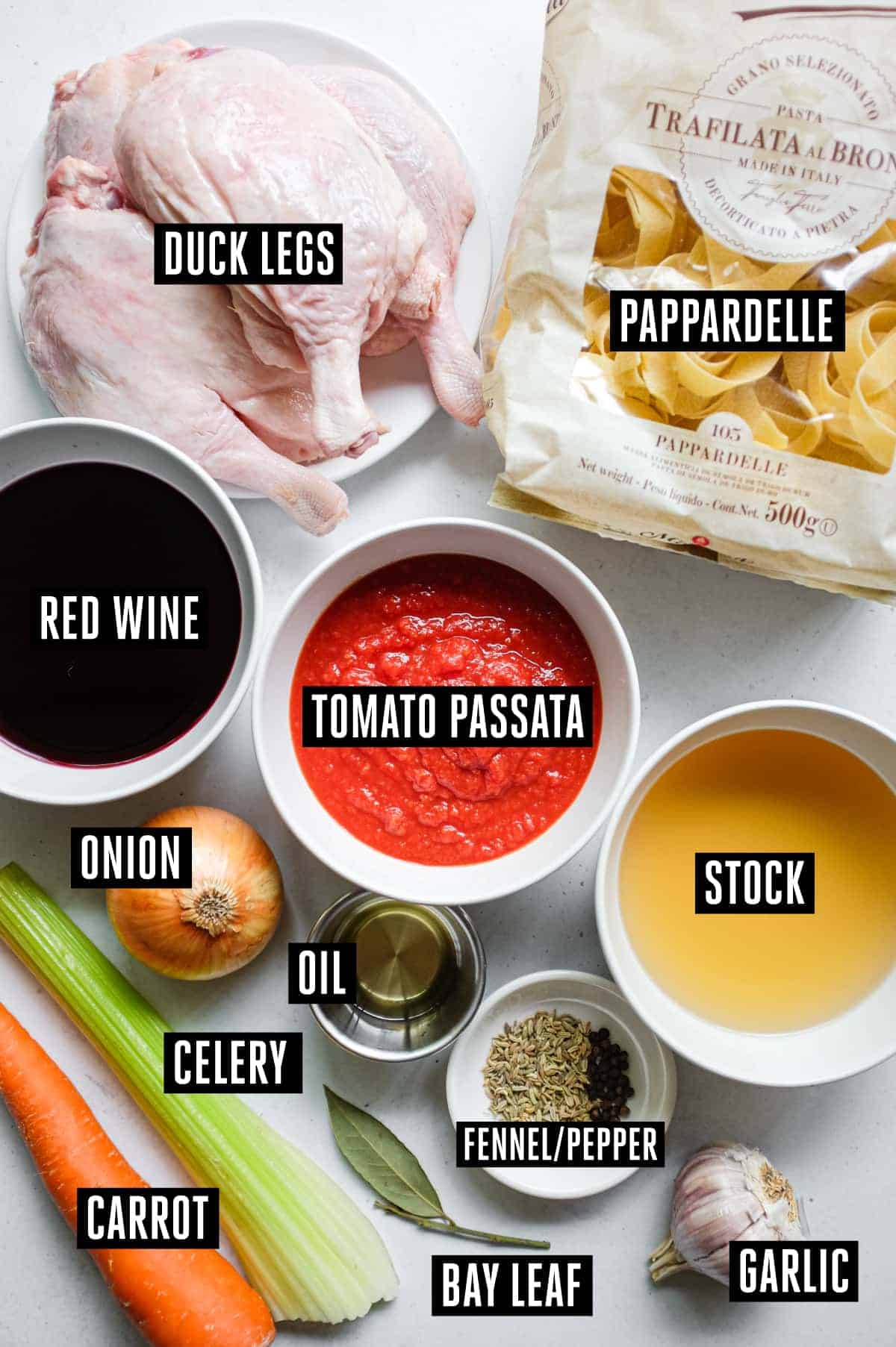 Duck Ragù with Pappardelle | cookeatworld.com The ingredients for Italian duck ragù. Duck legs, tomato passata, red wine, chicken stock, onion, celery, carrot, oil, fennel, pepper and bay leaf.