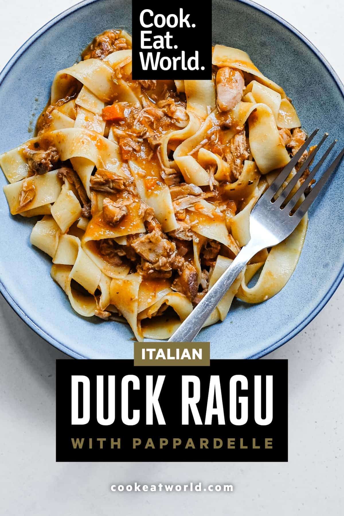 A for skits in a small bowl of pappardelle pasta with glossy Central Italian duck rag&ugrave; sauce.