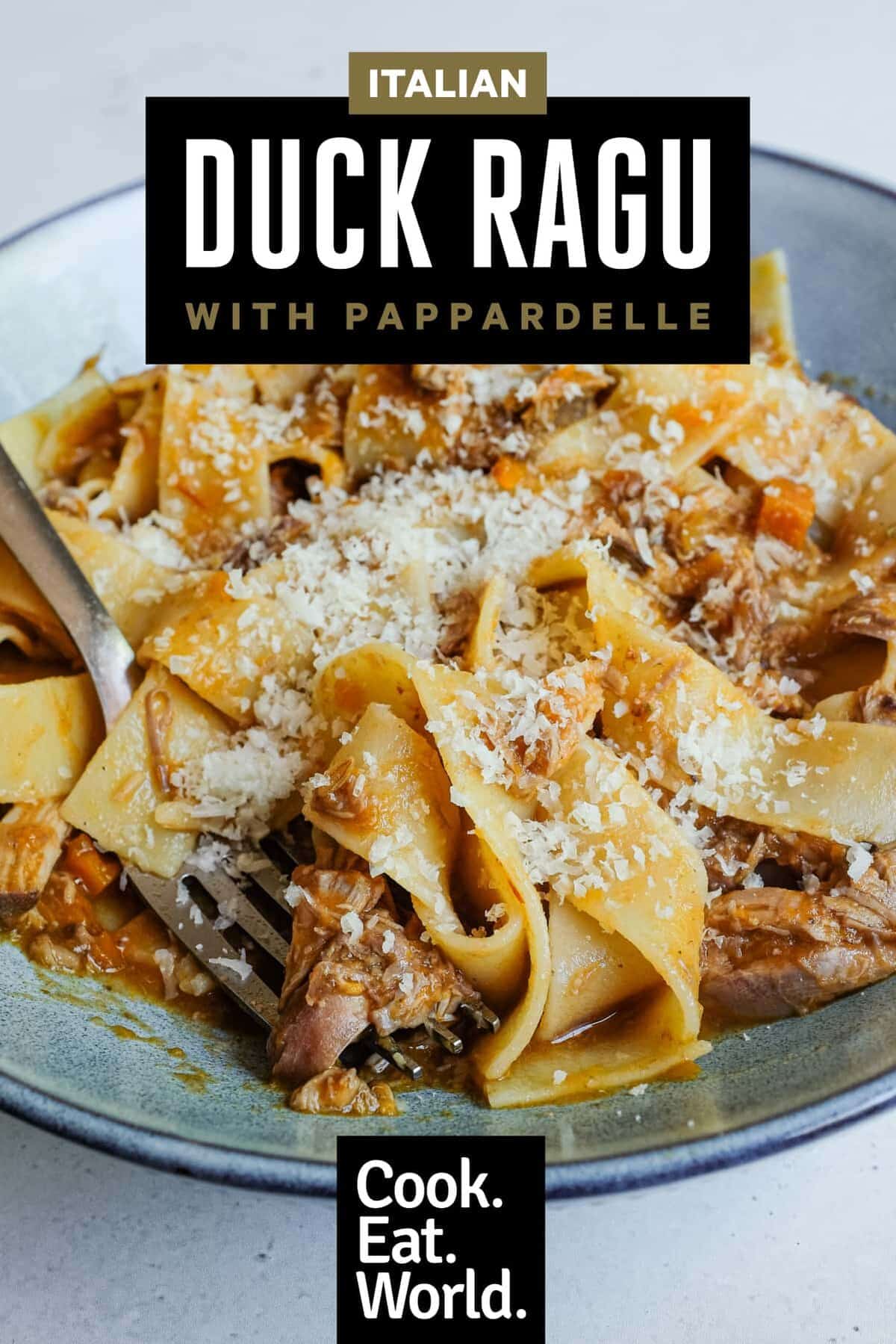A close shot of a bowl of duck rag&ugrave; with pappardelle pasta, scattered with cheese.