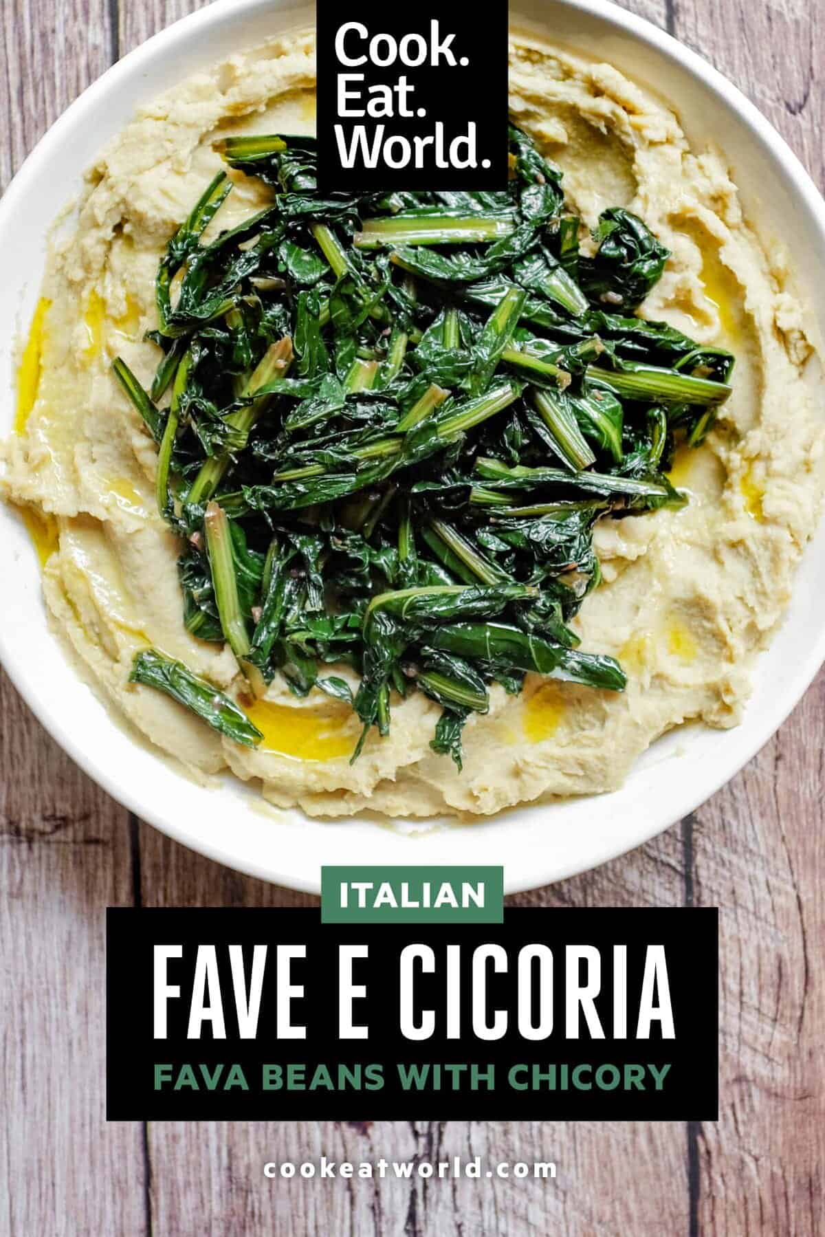 A large platter of fava bean puree with bitter greens (fave e cicoria)