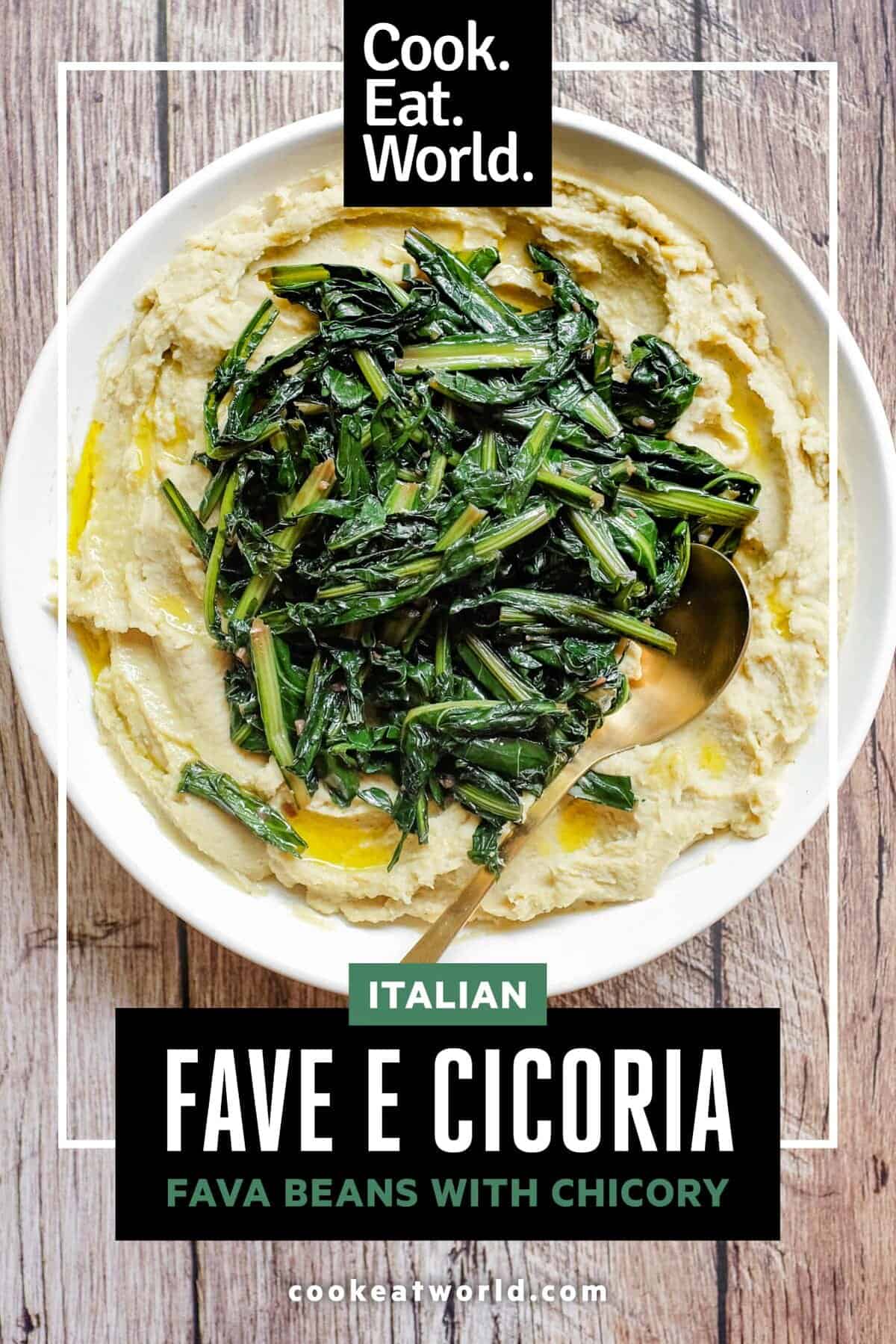 A large platter of fava bean puree with bitter greens (fave e cicoria)