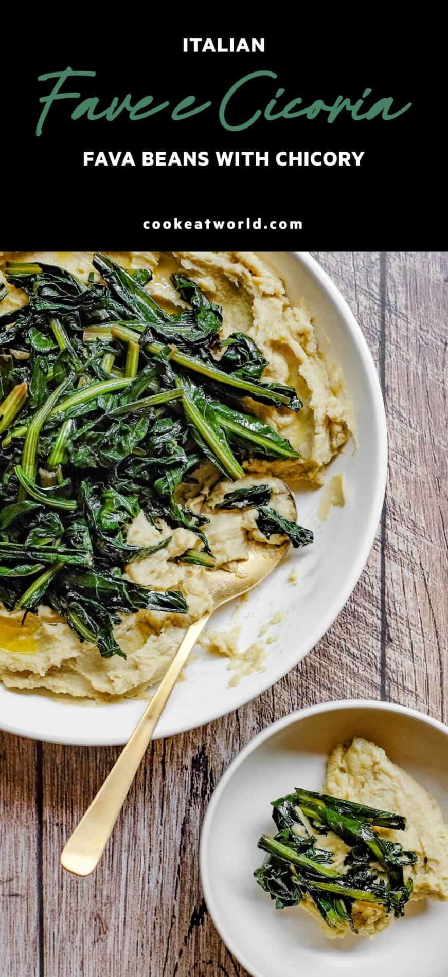 A large platter and smaller bowl with fava bean puree and bitter chicory greens