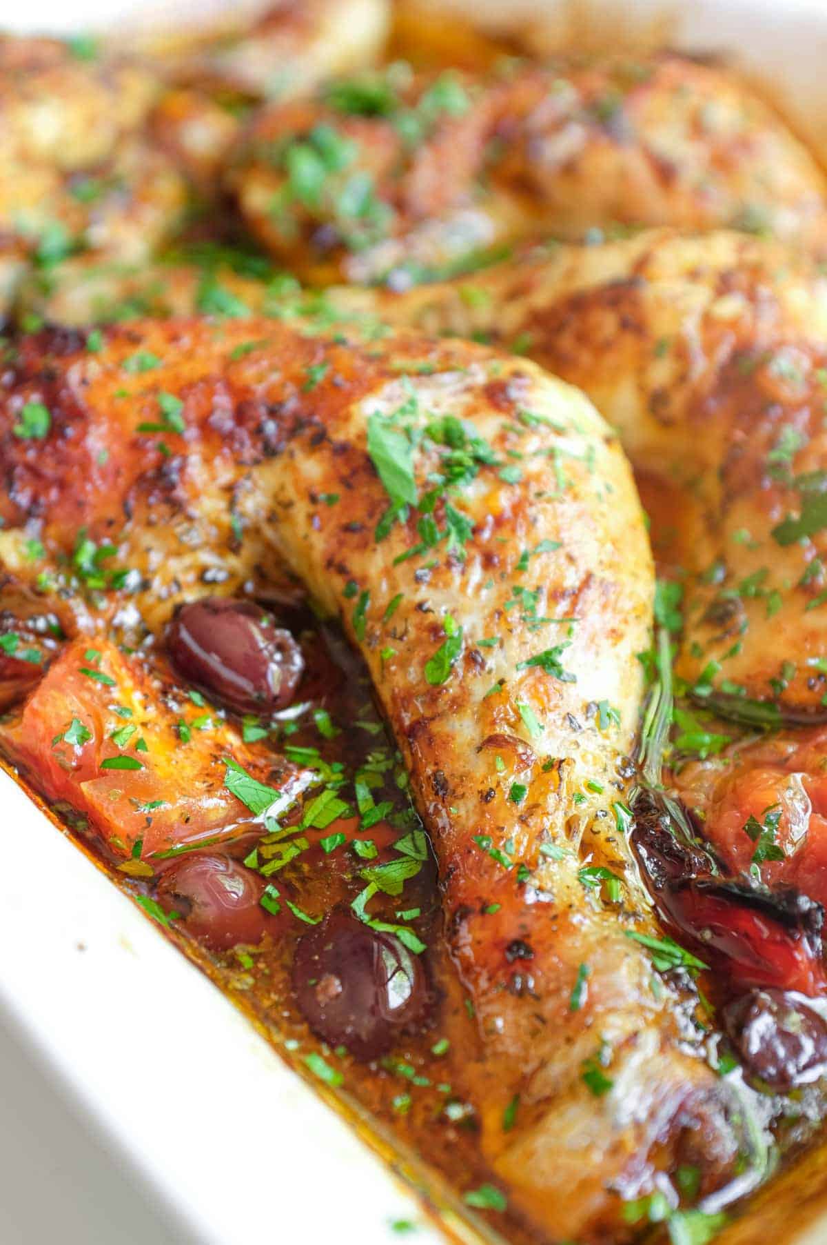 Chicken marylands (quarters) are bathed in a sweet and tangy harissa sauce from Morocco.