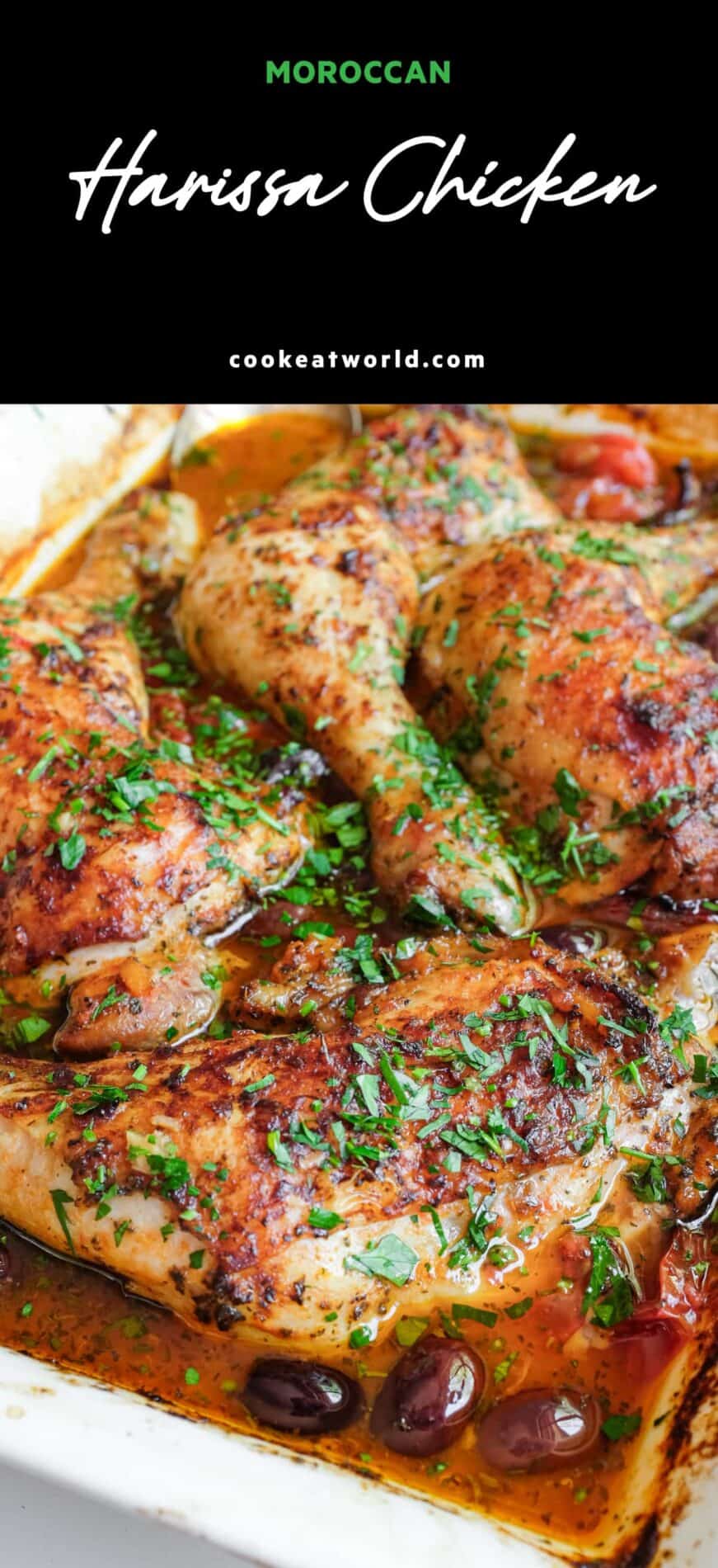 A beautiful baked chicken dish from Morocco, where the chicken is roasted in harissa paste and spices with preserved lemon and olives.