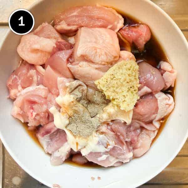 Karaage Chicken (Japanese Fried Chicken) | cookeatworld.com creating the marinade for Japanese karaage chicken.