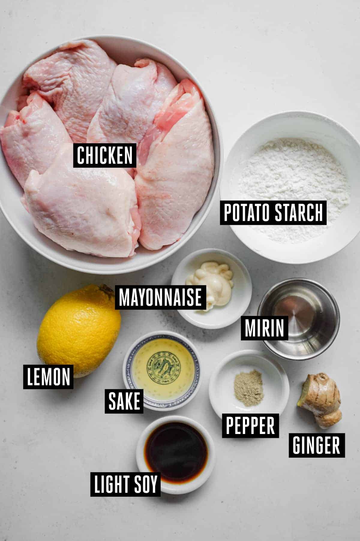 Karaage Chicken (Japanese Fried Chicken) | cookeatworld.com The ingredients for Japanese karaage chicken: chicken, potato starch, lemon, mayonnaise, sake, mirin, soy, and ginger