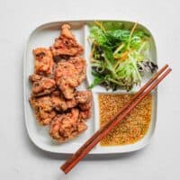 A separated plate which holds yurinchi chicken, crisp chicken, sauce and salad