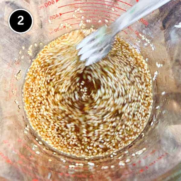 Yurinchi Chicken (Crispy Fried Chicken with Soy Vinegar Sauce) Whisking ingredients together for Yurinchi sauce