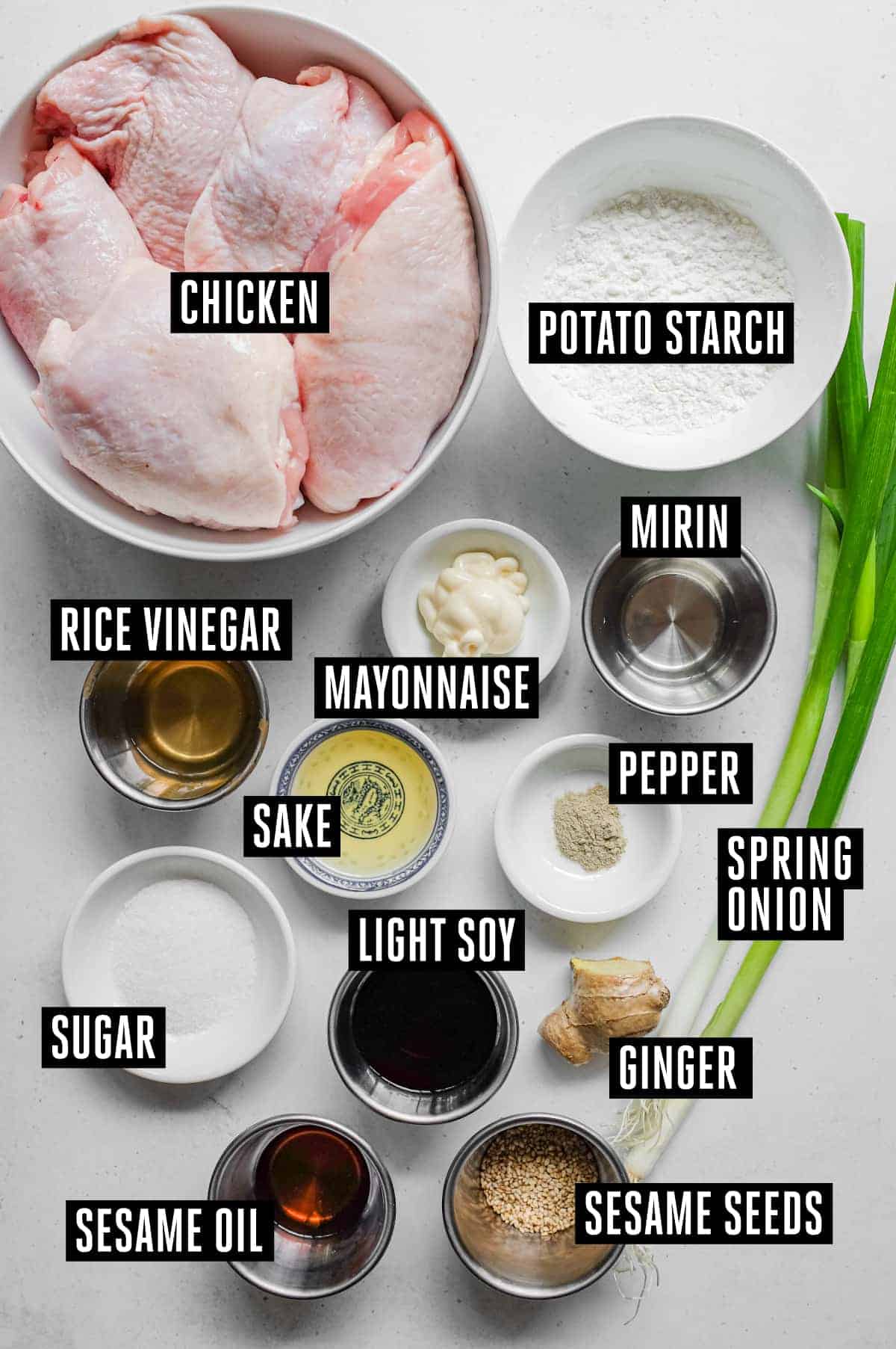 Yurinchi Chicken (Crispy Fried Chicken with Soy Vinegar Sauce) All the ingredients on a worktop for yurinchi chicken.