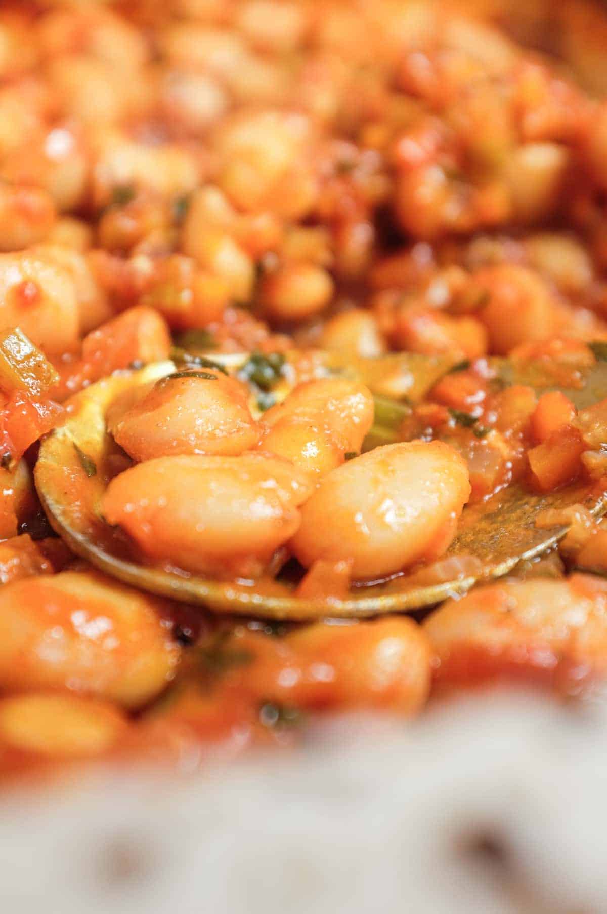 Greek butter beans gigantes plaki baked in tomato olive oil sauce.