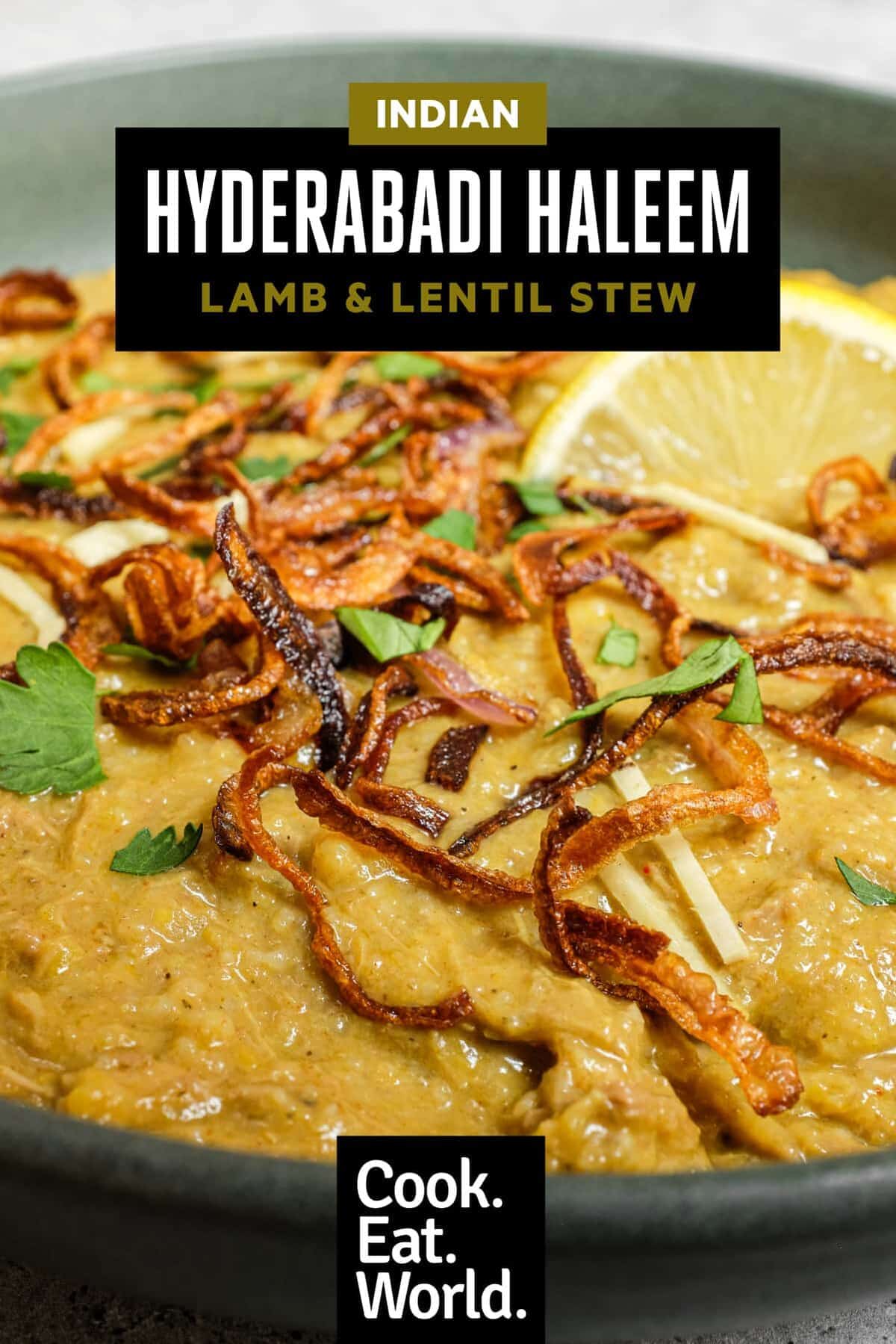 Close-up of lamb haleem garnished with mint, cilantro and crispy onions
