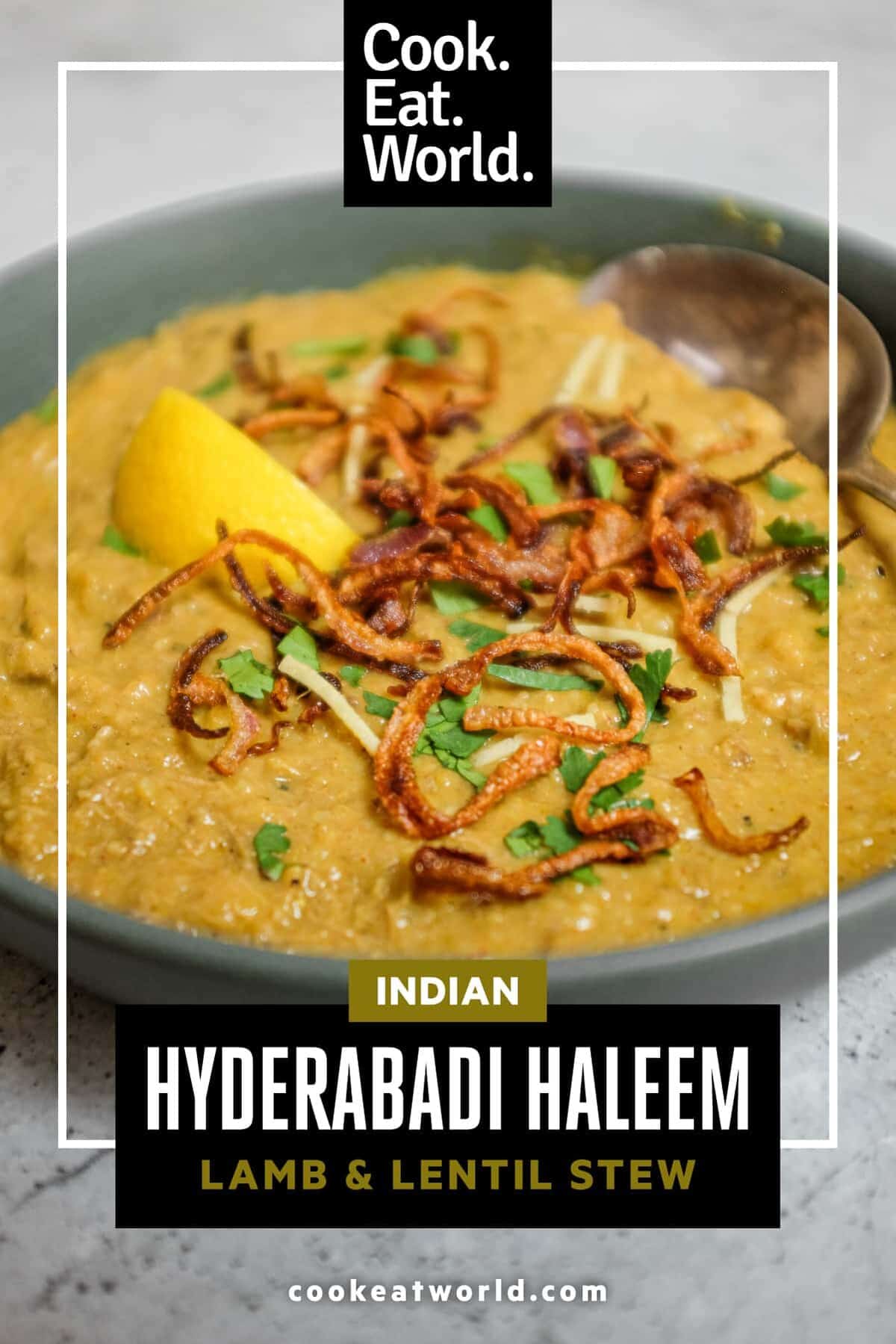 Hyderabadi haleem with fried onions, fresh herbs and lemon served in a bowl