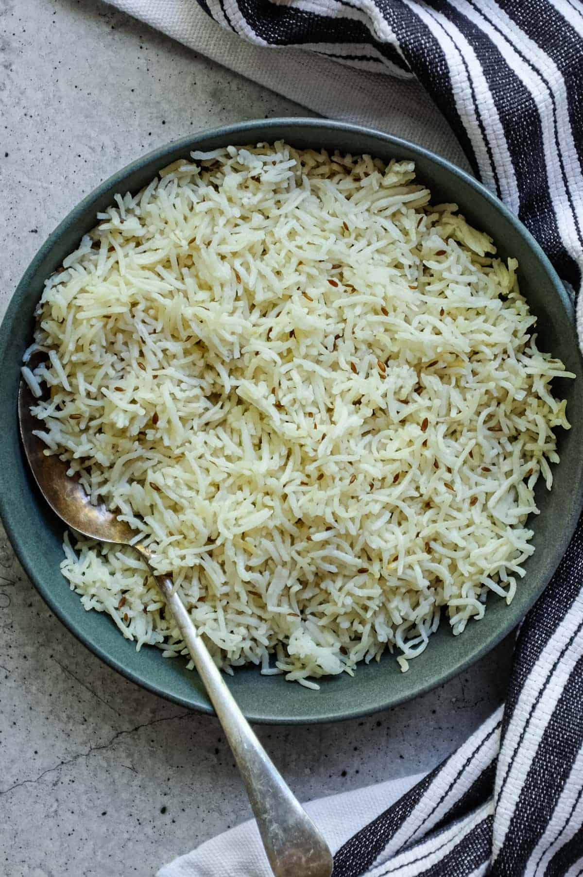 Simple Indian side dish of jeera rice with long grain basmati and spices