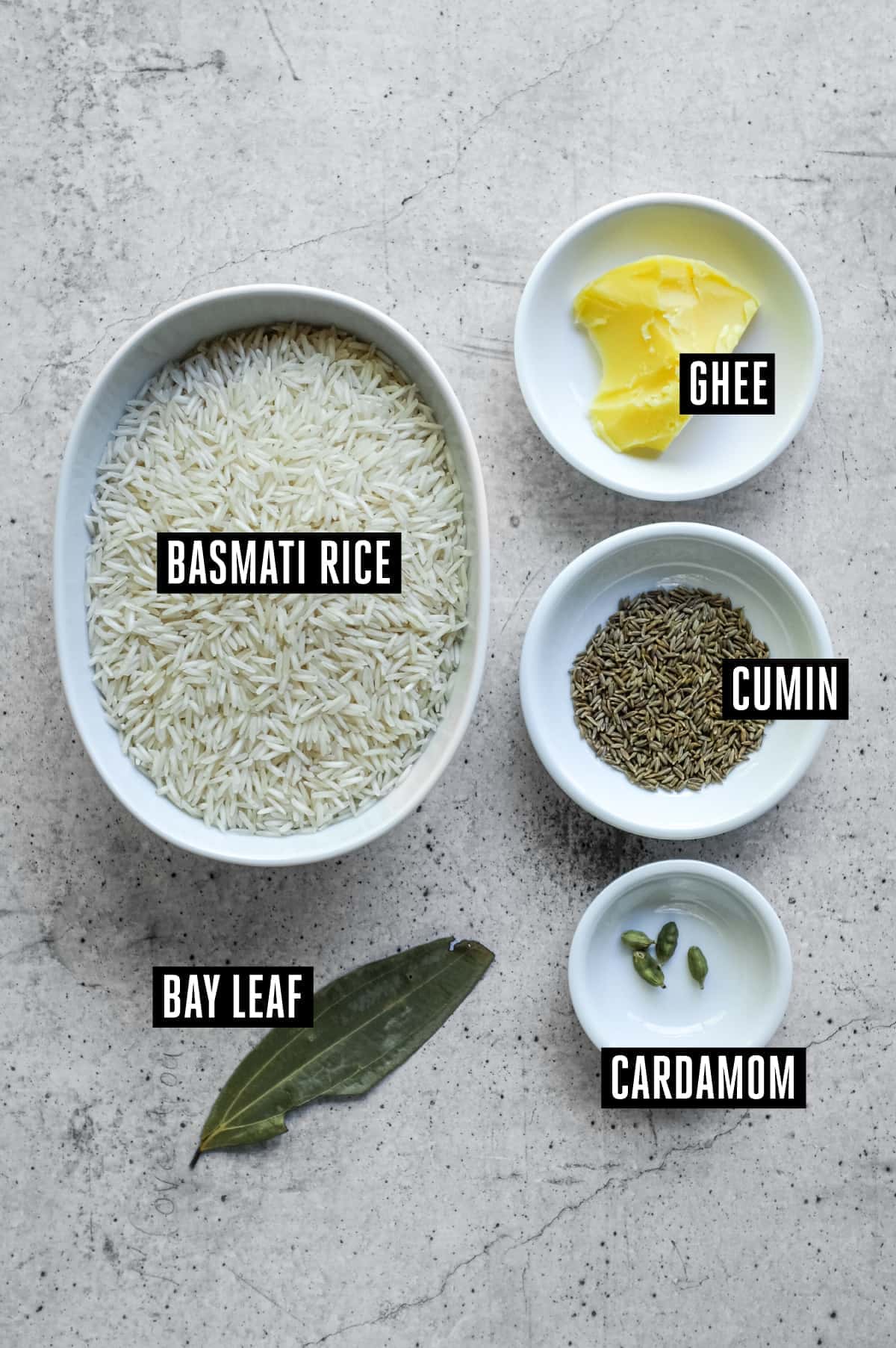 Jeera Rice (Cumin Rice) | cookeatworld.com The ingredients for Indian Jeera Rice: Basmati Rice, Ghee, Cumin Seeds, Cardamom Seeds, Bay Leaf.