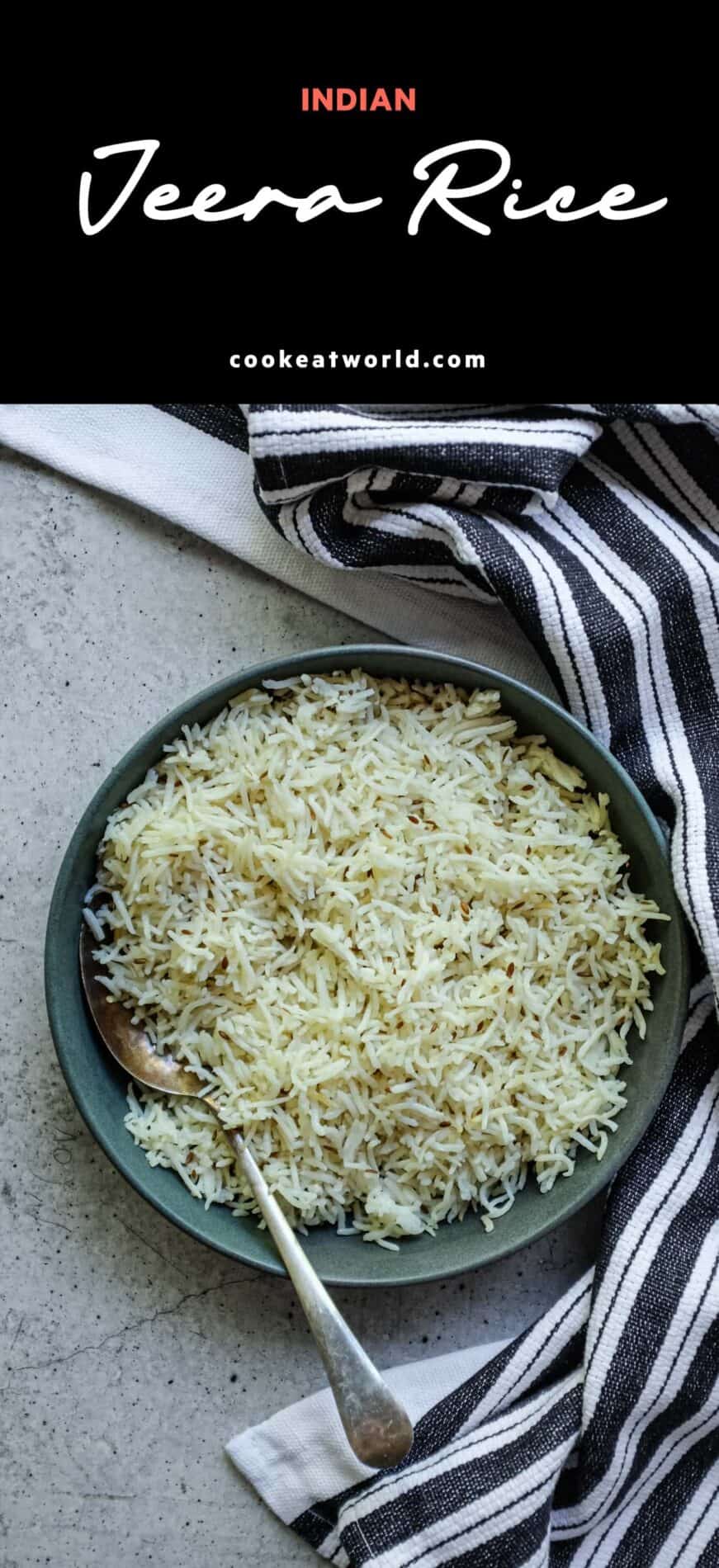 Bowl of fluffy jeera rice with toasted cumin seeds and separate basmati grains