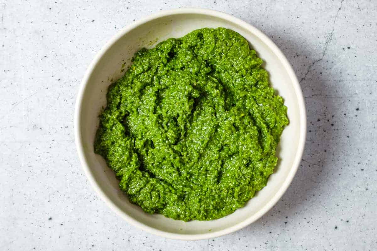Pesto Pasta with Potatoes & Green Beans (Trenette al Pesto) | cookeatworld.com A small bowl of traditional Basil Pesto Genovese from Liguria